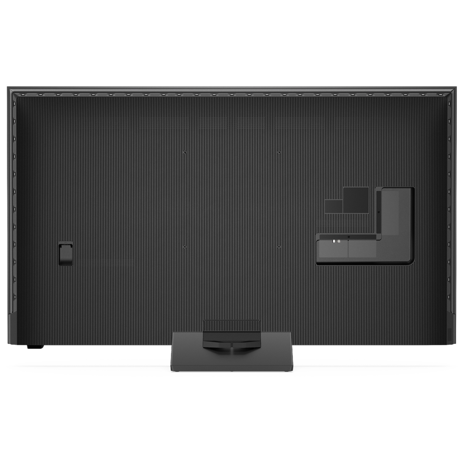 Back of a black television with a ribbed design and ports.