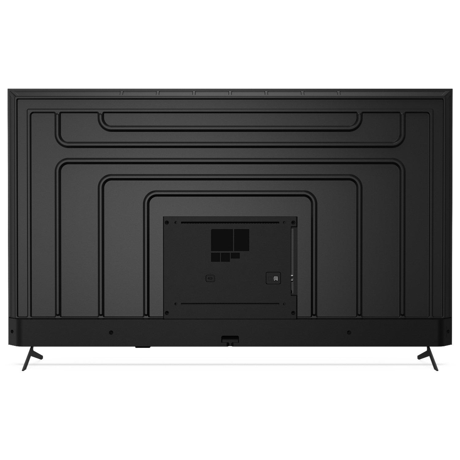 Back of a black television with ports and stands.