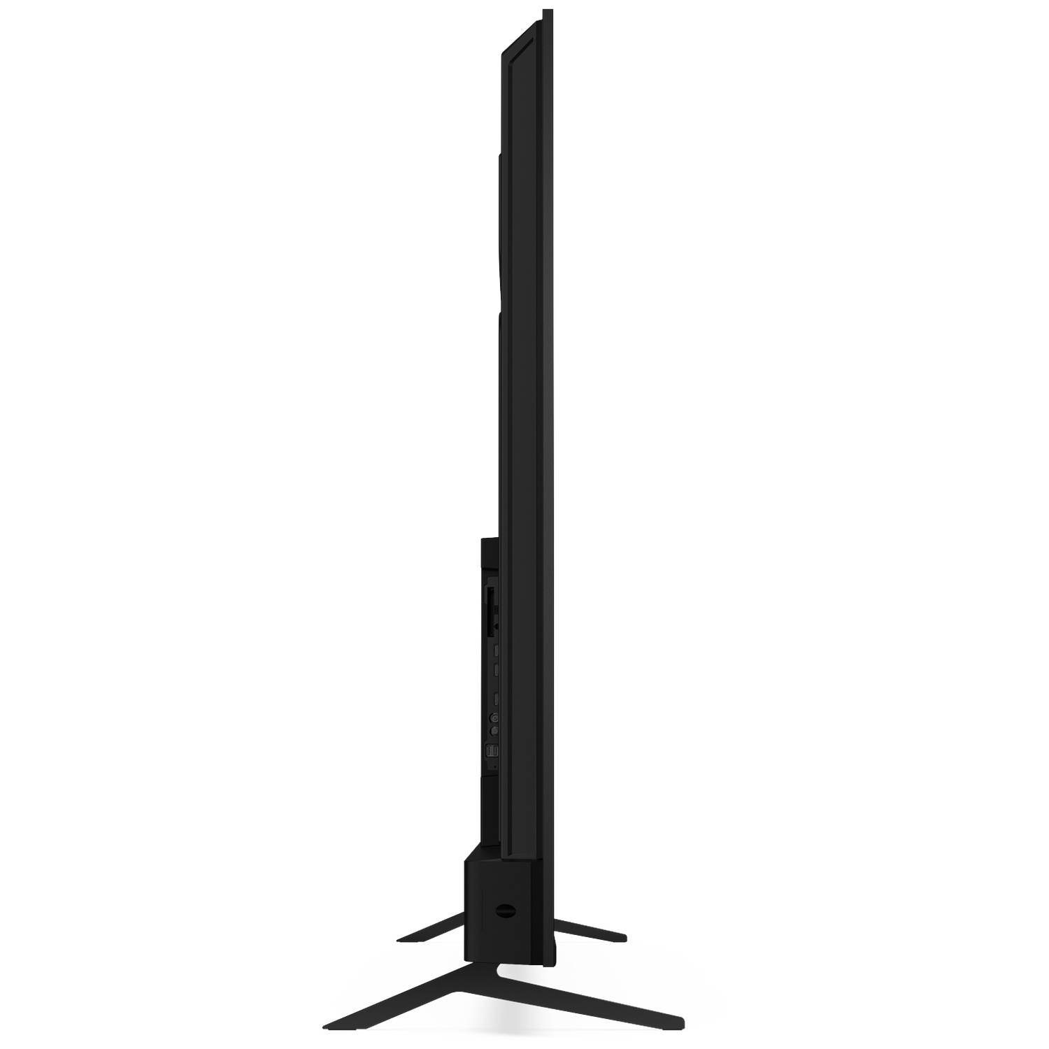 Black flat-screen television on a stand, viewed from the side.
