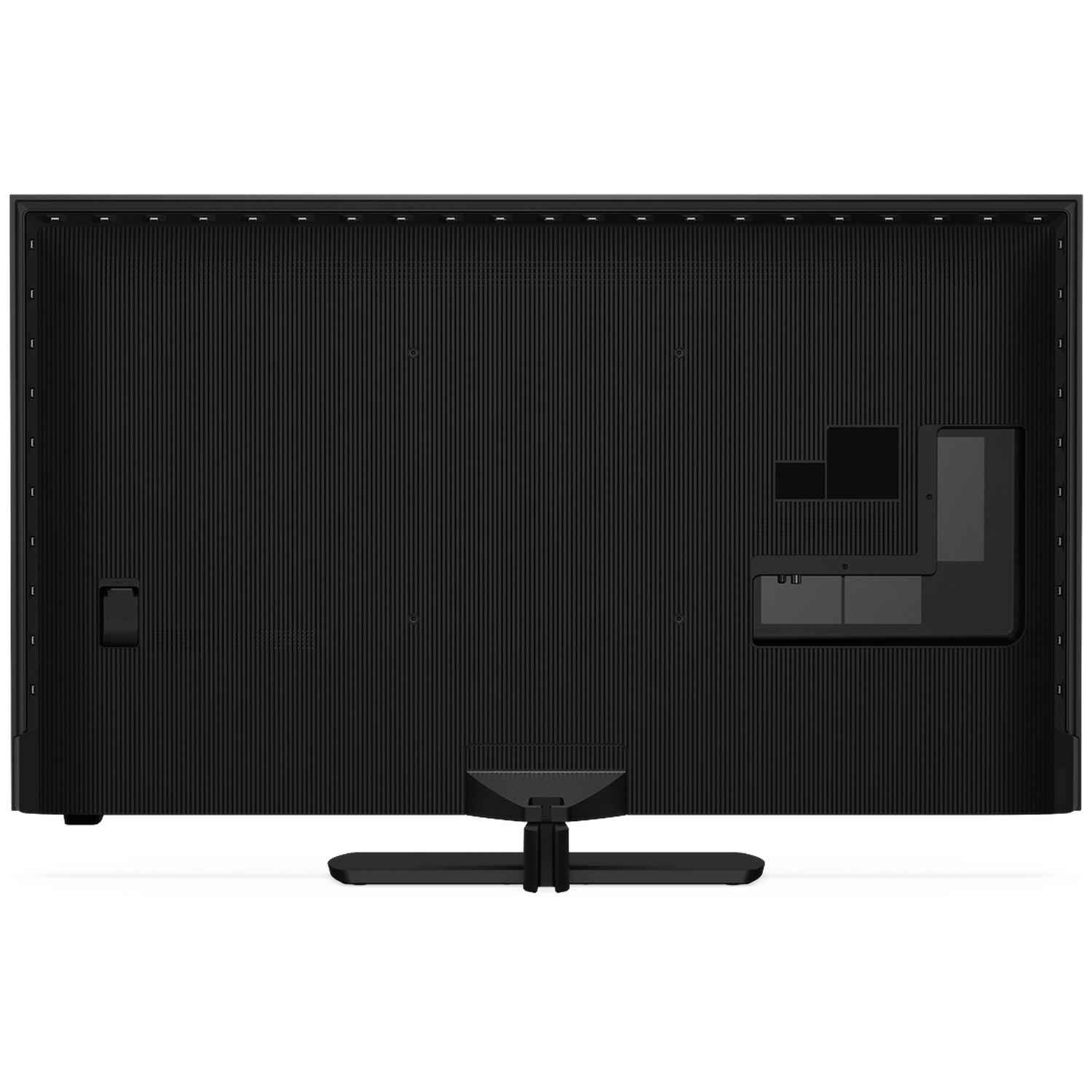 Back of a black television with ribbed texture and connection ports.