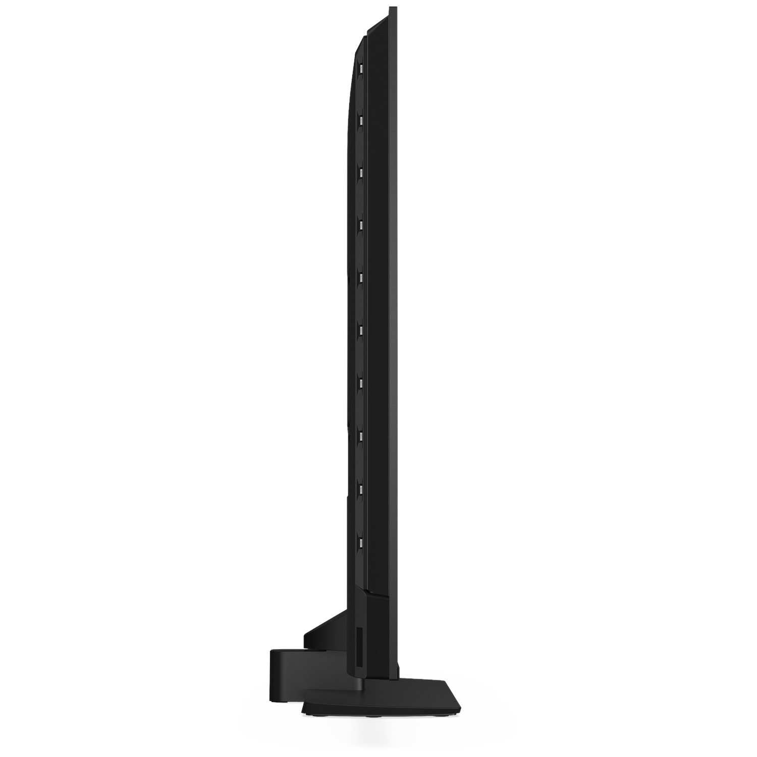 Side view of a black television set on a stand, white background.