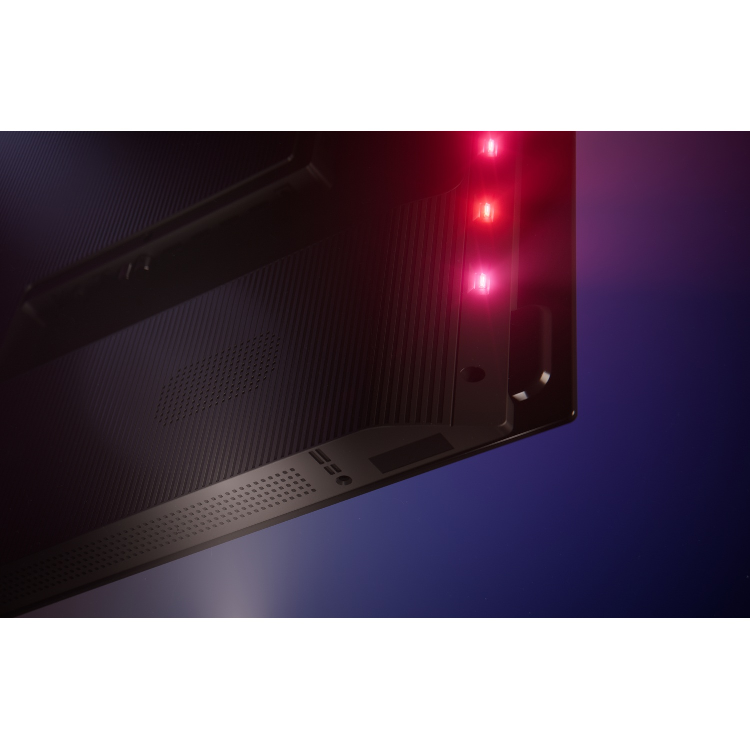 Close-up van de achterkant van een zwart elektronisch apparaat met rode LED-lampjes.