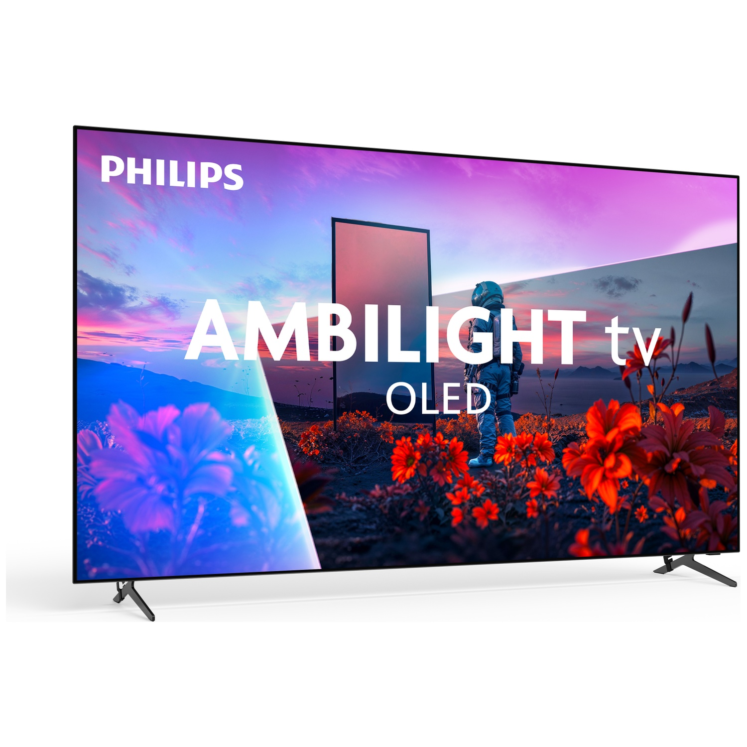 Een Philips Ambilight OLED TV met astronaut en rode bloemen.