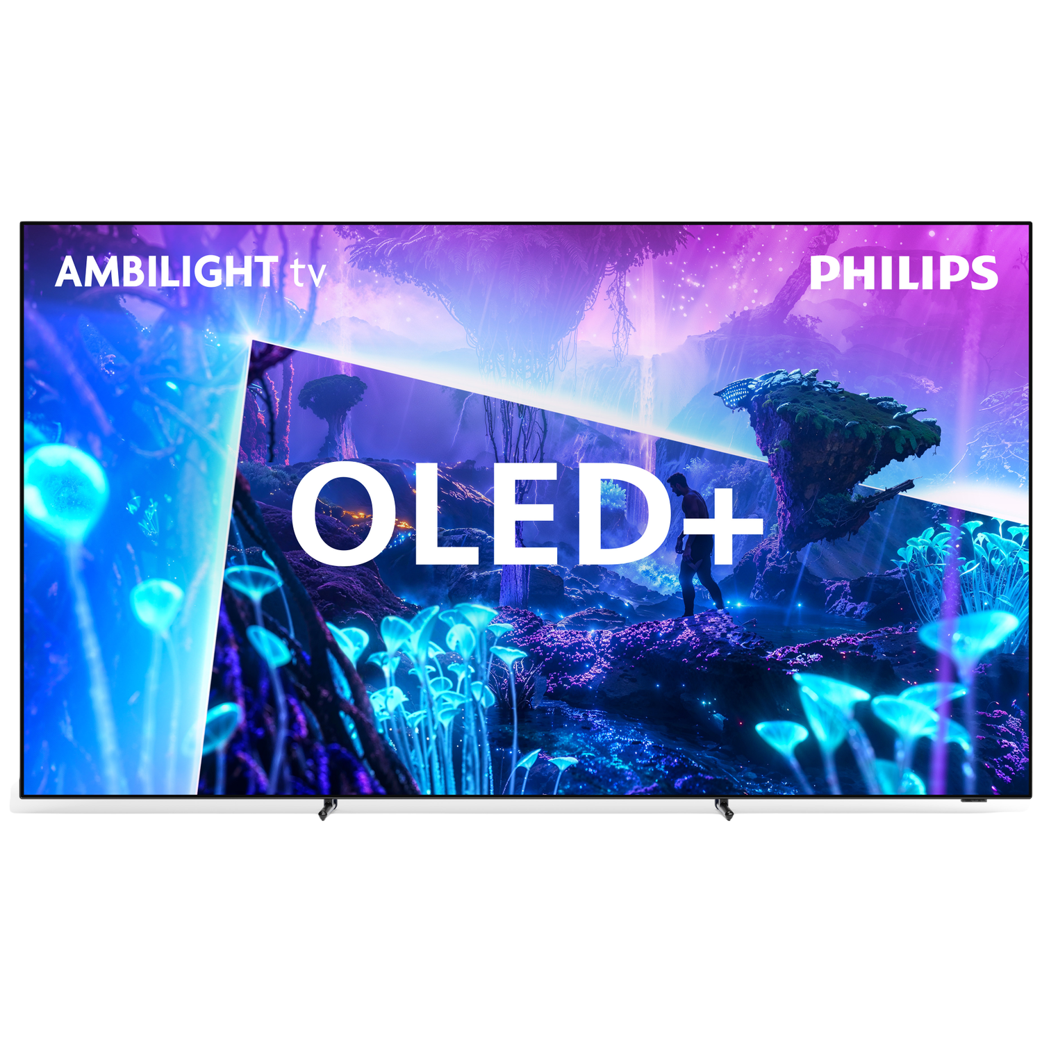Une TV Philips Ambilight affiche un paysage extraterrestre fantastique avec le texte OLED+.