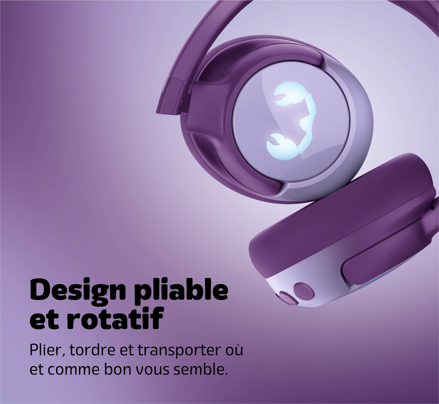 Casque violet avec logo scorpion sur l'oreillette. Texte 'Design pliable et rotatif'.