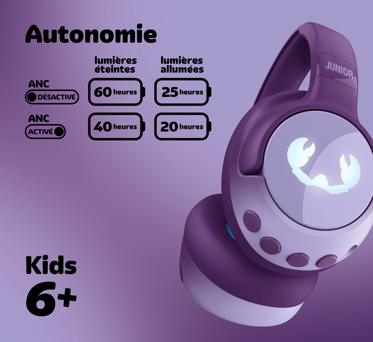 Casque violet pour enfants 6+ indiquant l'autonomie de la batterie.