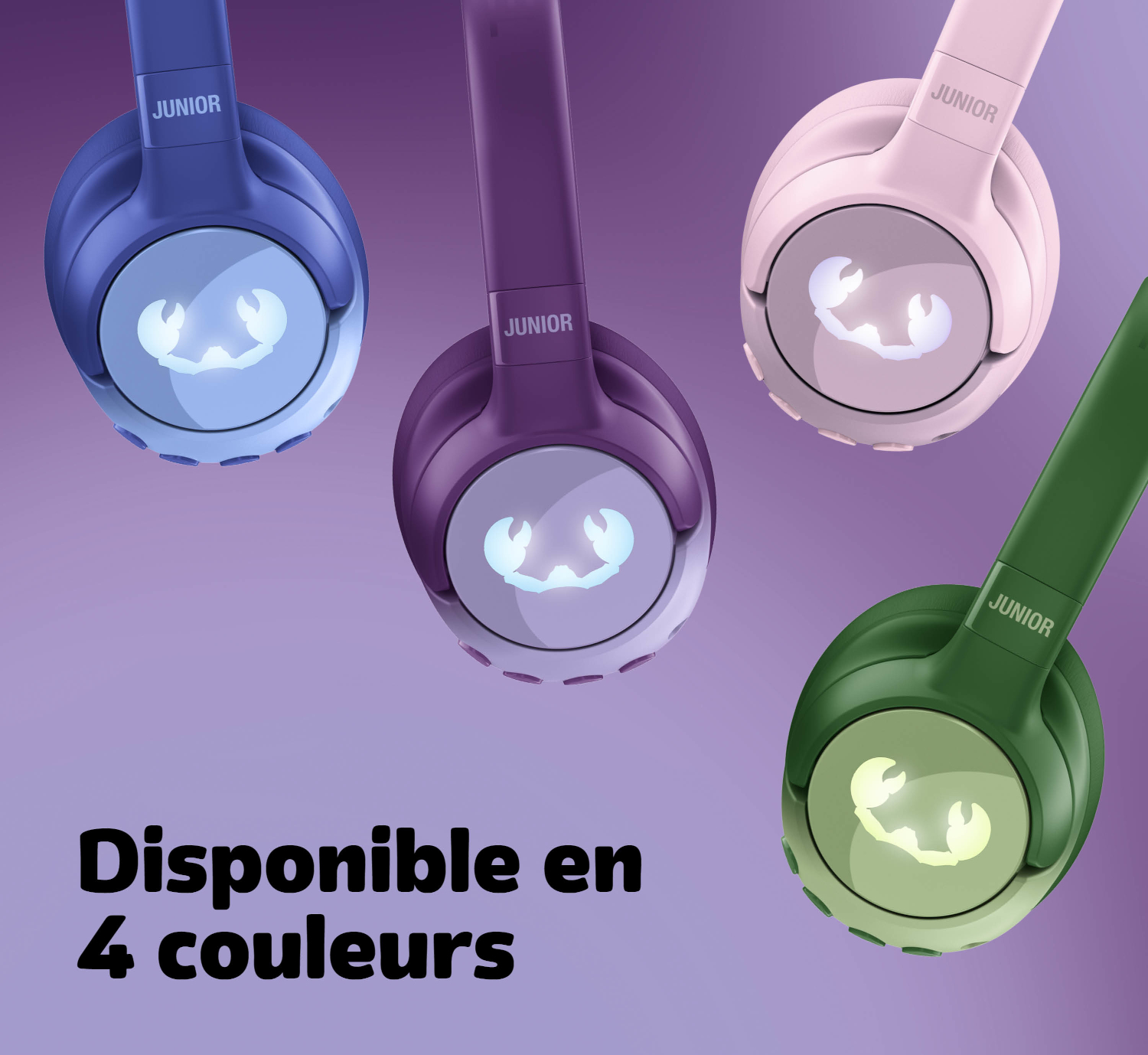 Quatre écouteurs junior colorés avec logos de crabes lumineux sur fond violet.
