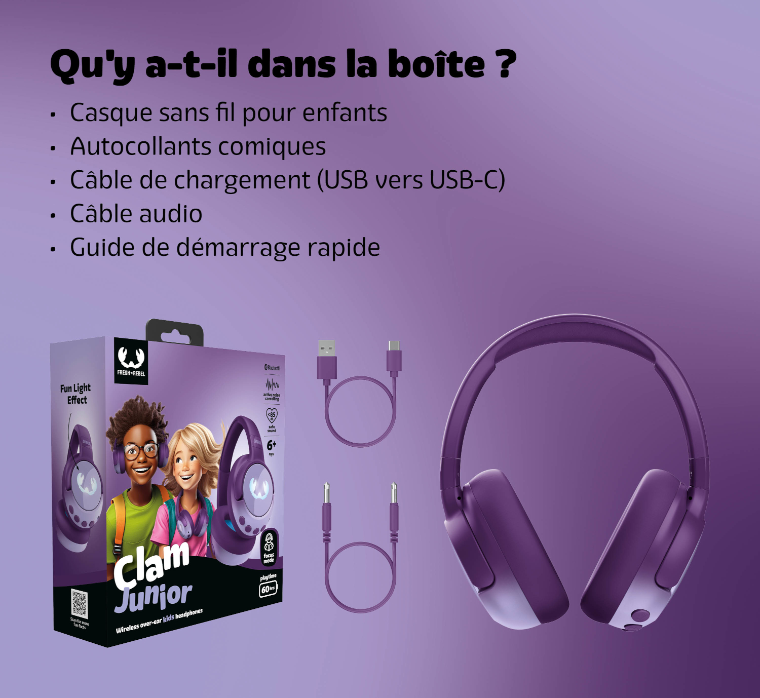 Boîte de casque violette avec enfants, casques et câbles.