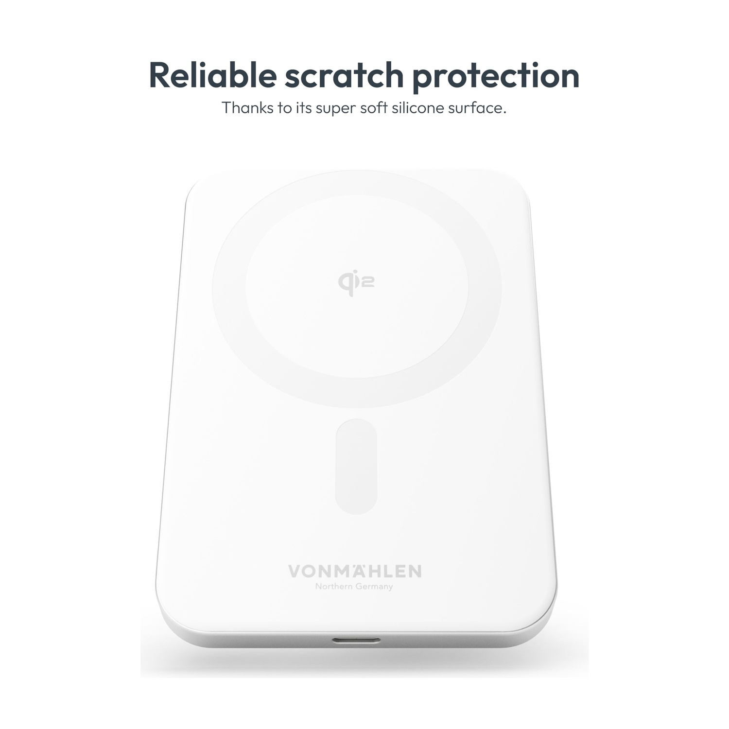 Caricatore wireless Qi bianco con logo "VONMÄHLE Northern Germany".
