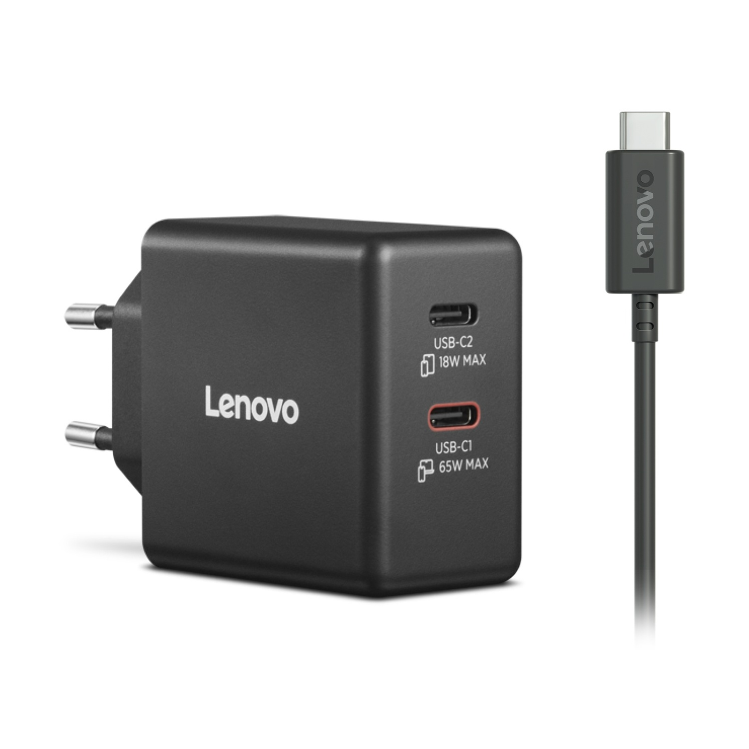 Caricatore USB-C Lenovo nero con due porte e un cavo USB-C.