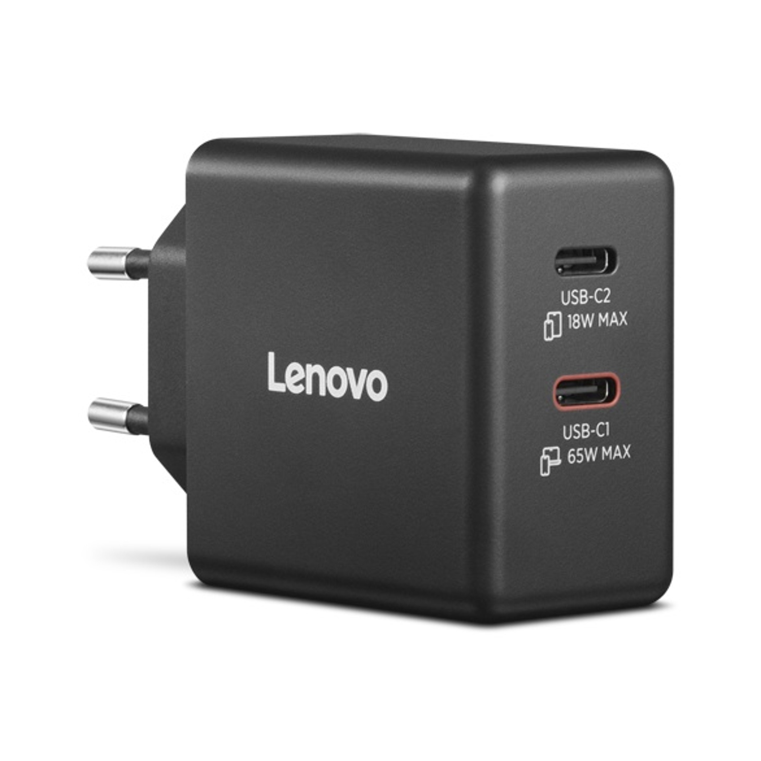 Un caricatore Lenovo USB-C nero con due porte: 18W e 65W.