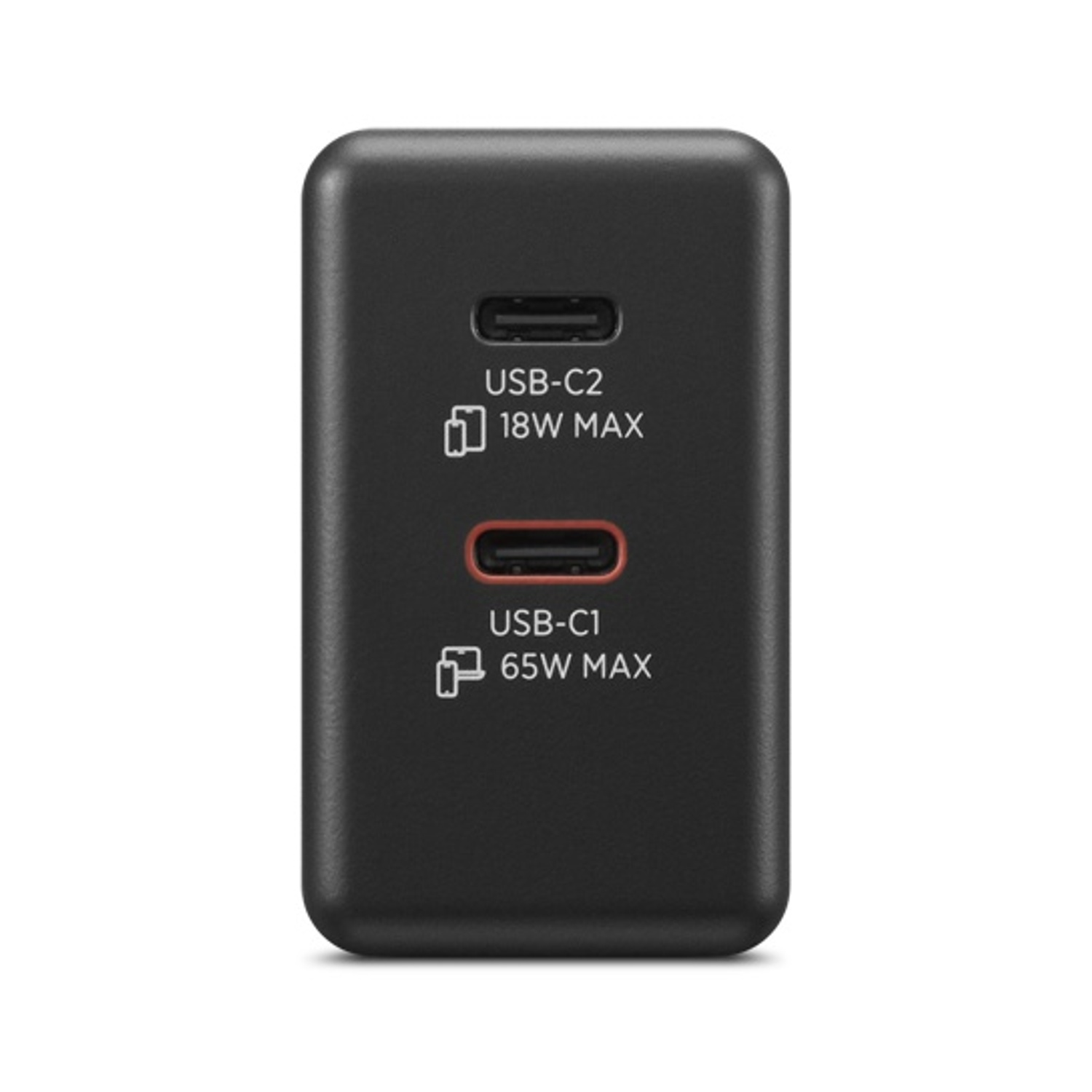Caricatore USB-C nero con due porte: USB-C2 18W e USB-C1 65W.