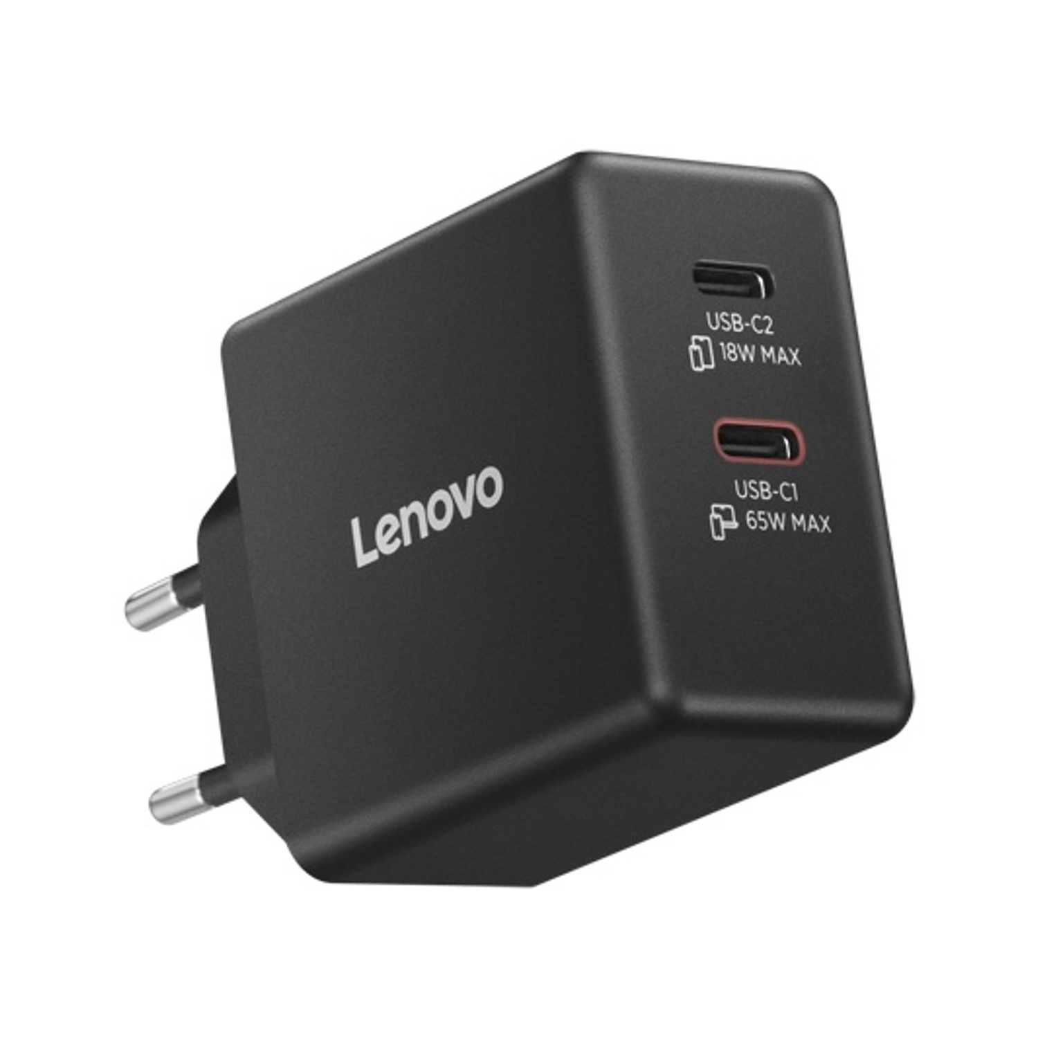 Adattatore di alimentazione Lenovo nero con due porte USB-C e spinotti.