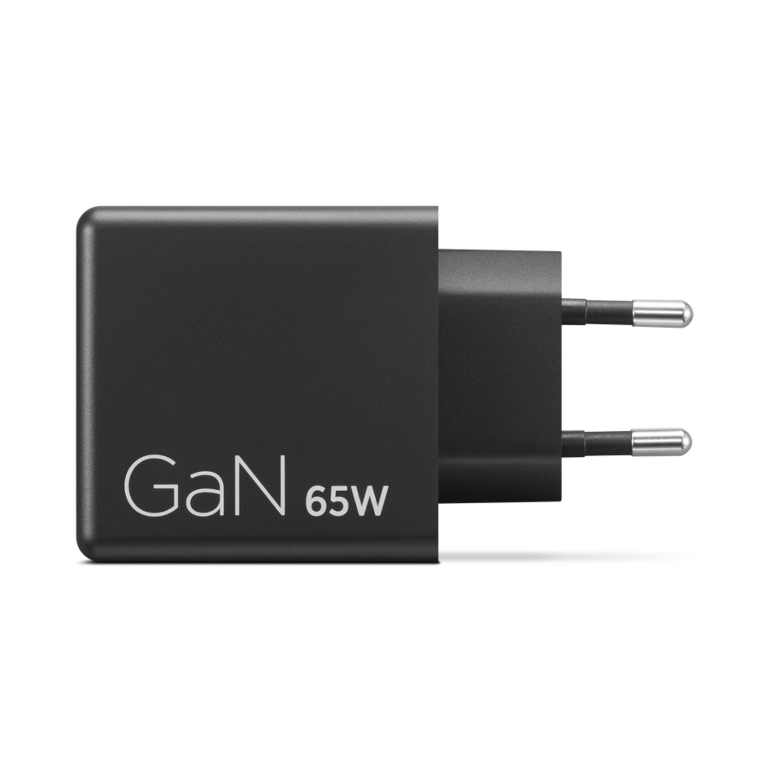 Spina caricatore GaN nera compatta da 65W con due pin metallici argentati.