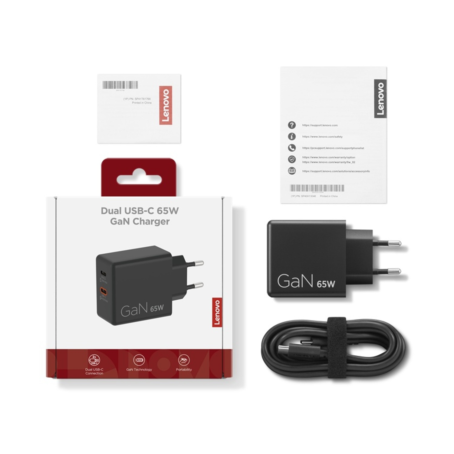 Caricatore Lenovo Dual USB-C 65W GaN con cavo e documentazione.