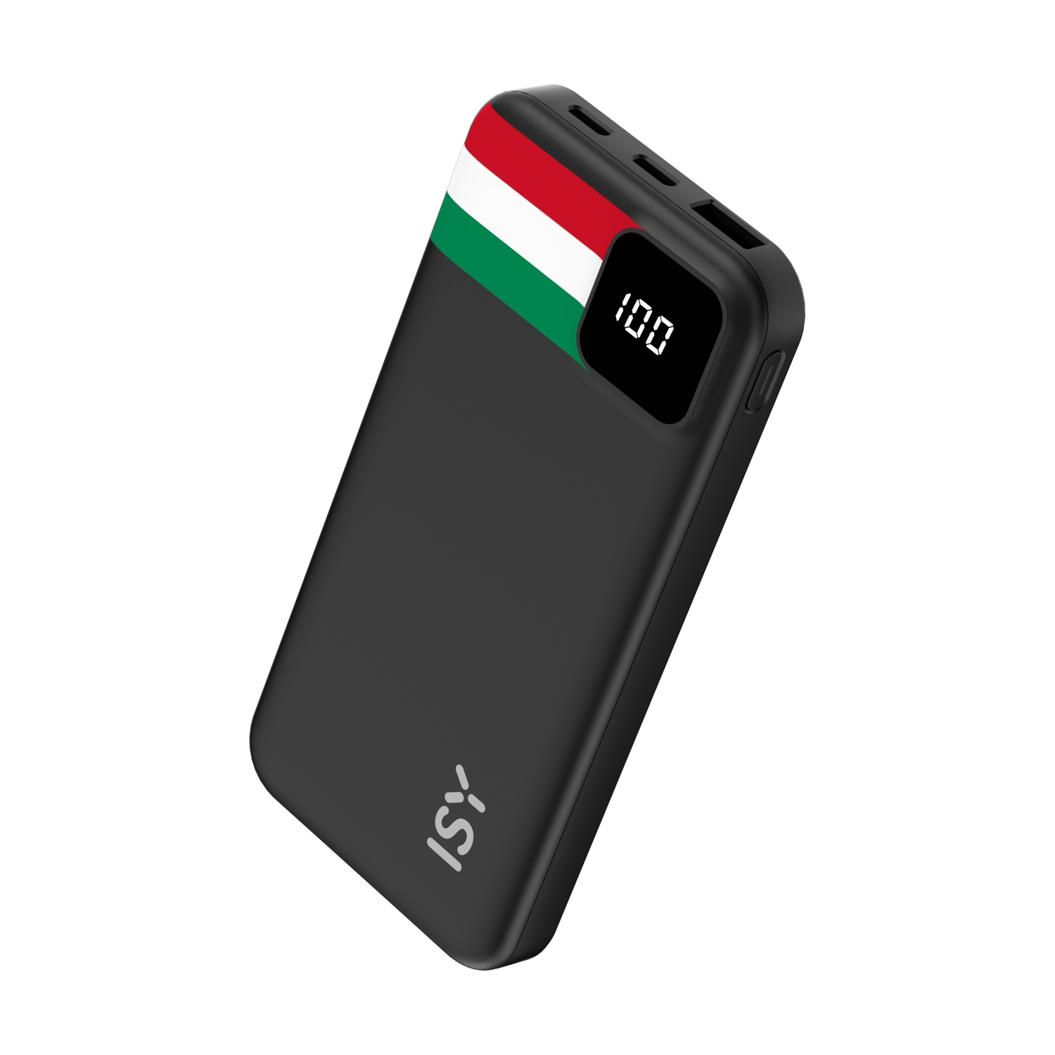 Power bank nero con bandiera ungherese in alto e display digitale.