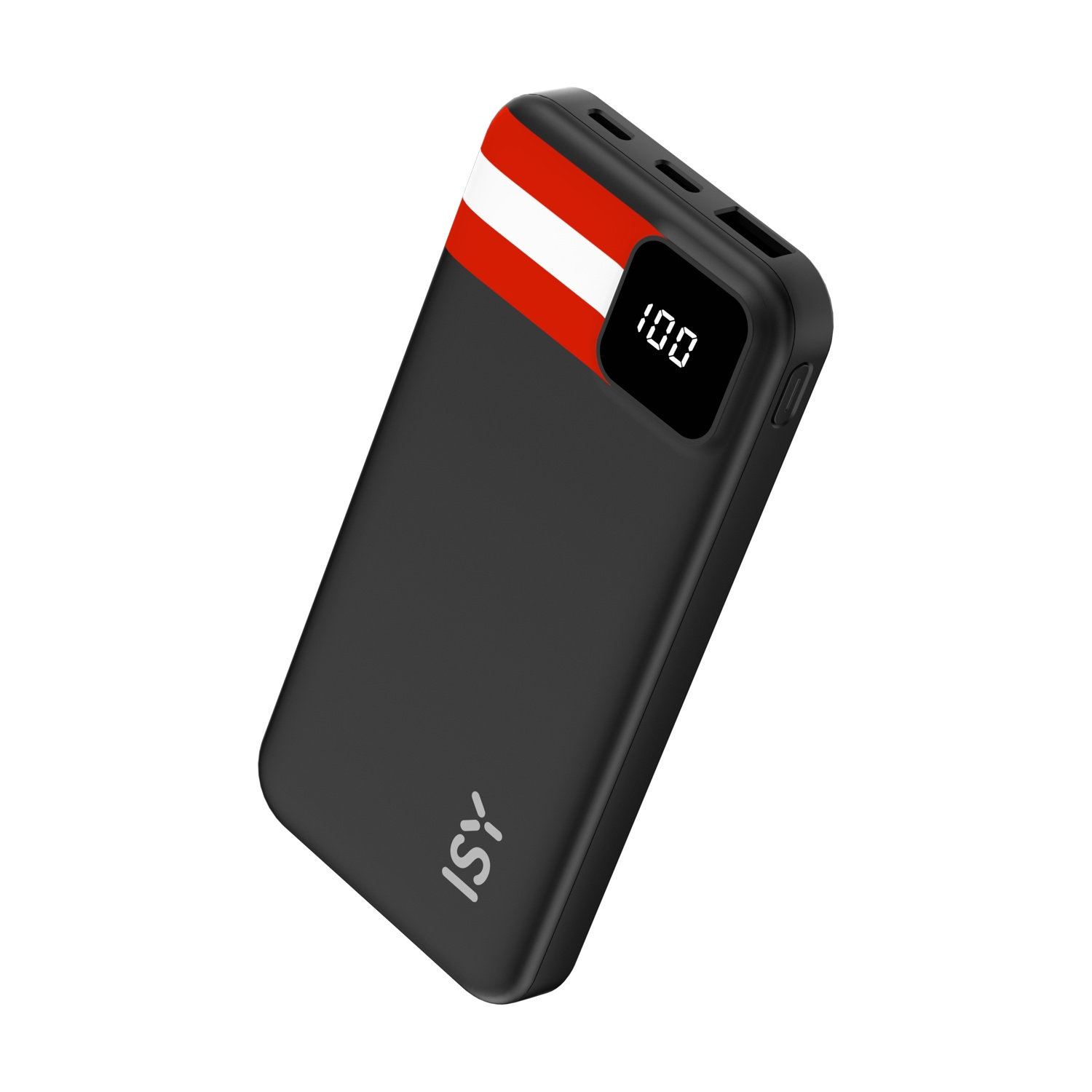 Power bank nera con striscia rossa e bianca, mostra "100".