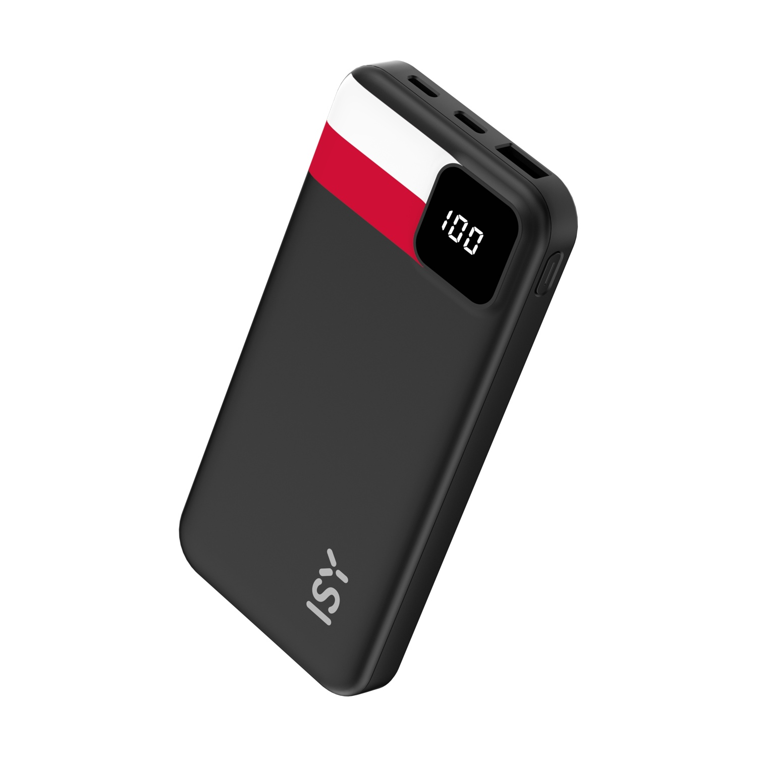Power bank nero con striscia bianca e rossa e display digitale.