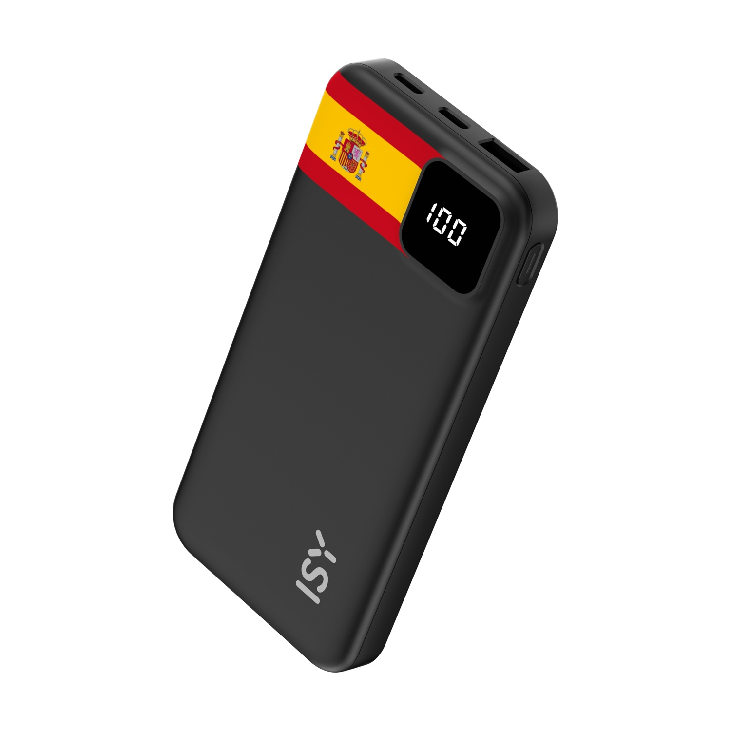 Power bank nero con dettaglio bandiera spagnola e display digitale che mostra 100.