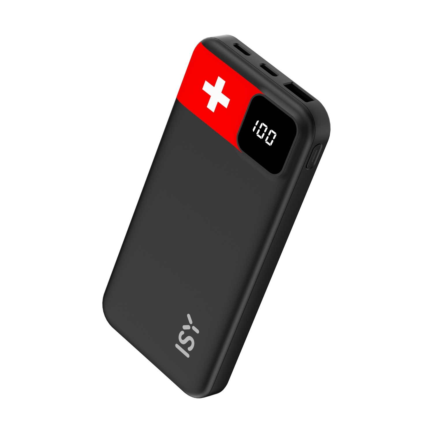 Power bank nero con bandiera svizzera e indicatore di carica al 100%.