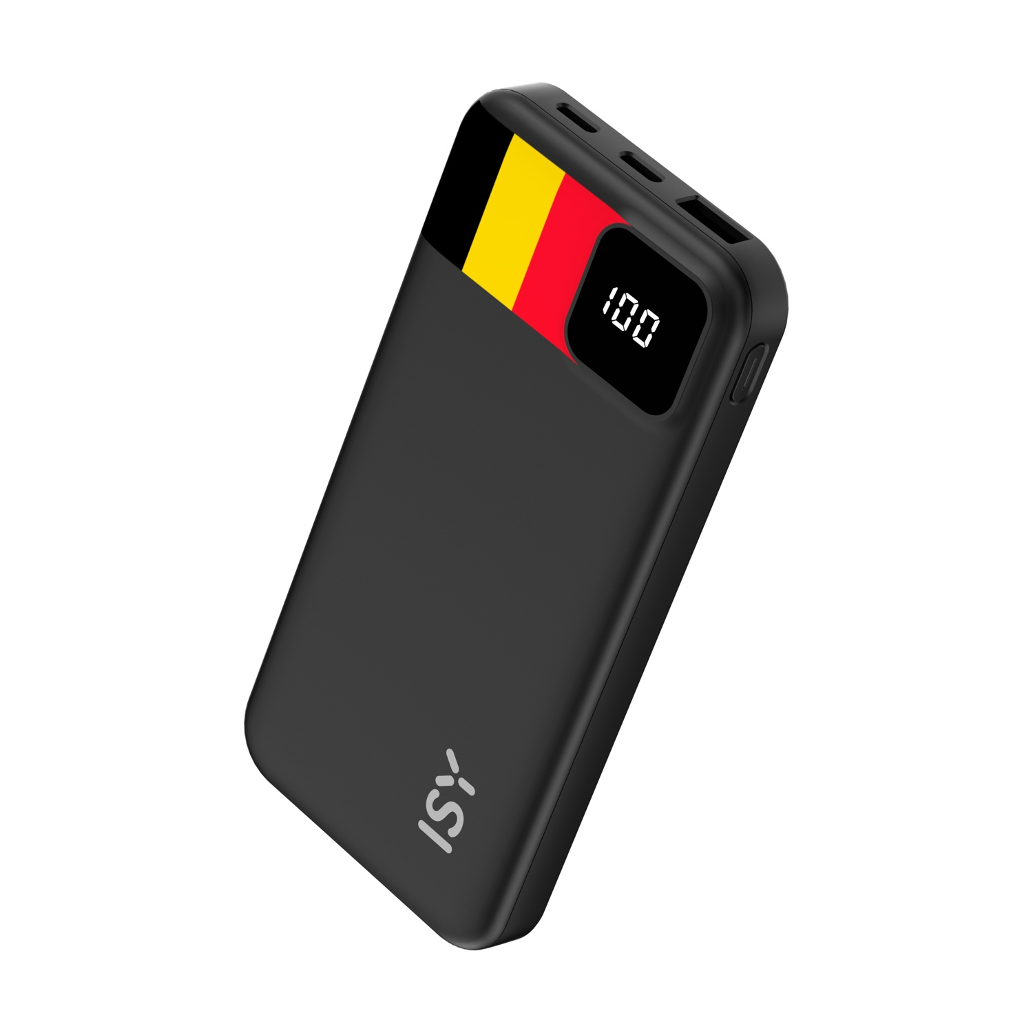 Power bank nero con bandiera belga e display digitale '100'.