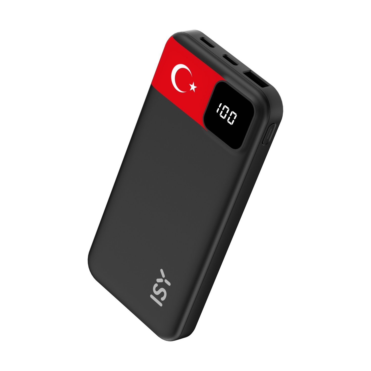 Power bank nero con bandiera turca e indicatore 100%.