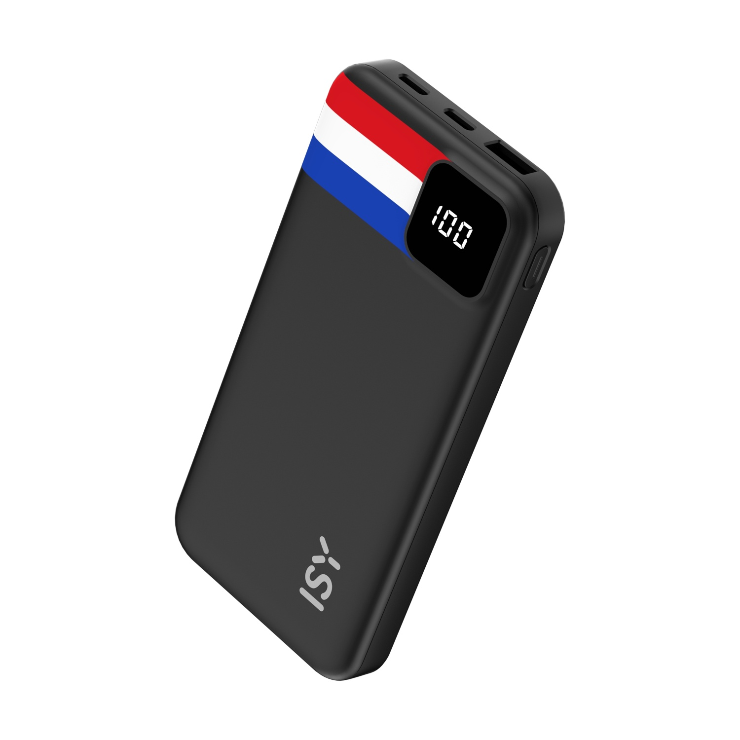 Power bank nera con strisce rosse, bianche, blu e display digitale '100'.