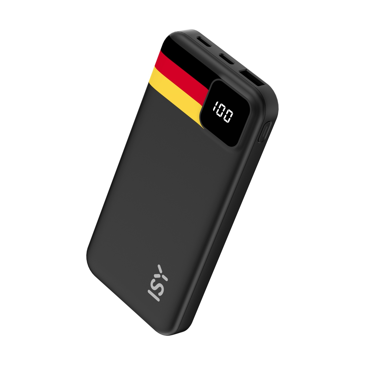 Power bank nero con bandiera tedesca e display digitale '100'.