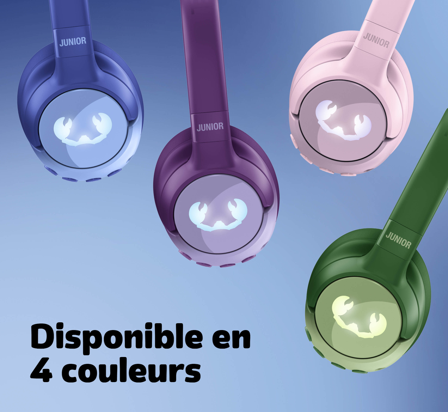 Quatre casques bleus, violets, roses et verts avec un logo de crabe sur fond bleu.