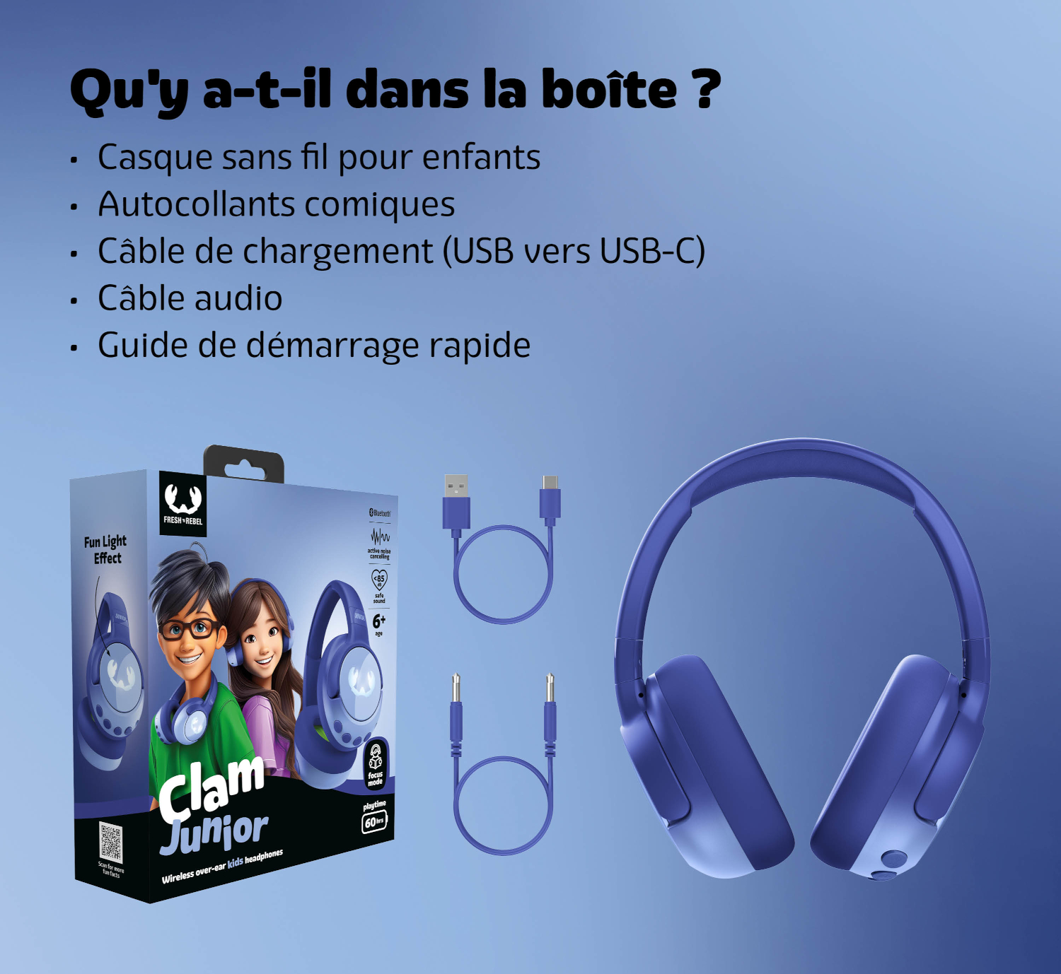 Boîte avec casque, câbles et autocollants pour enfants.