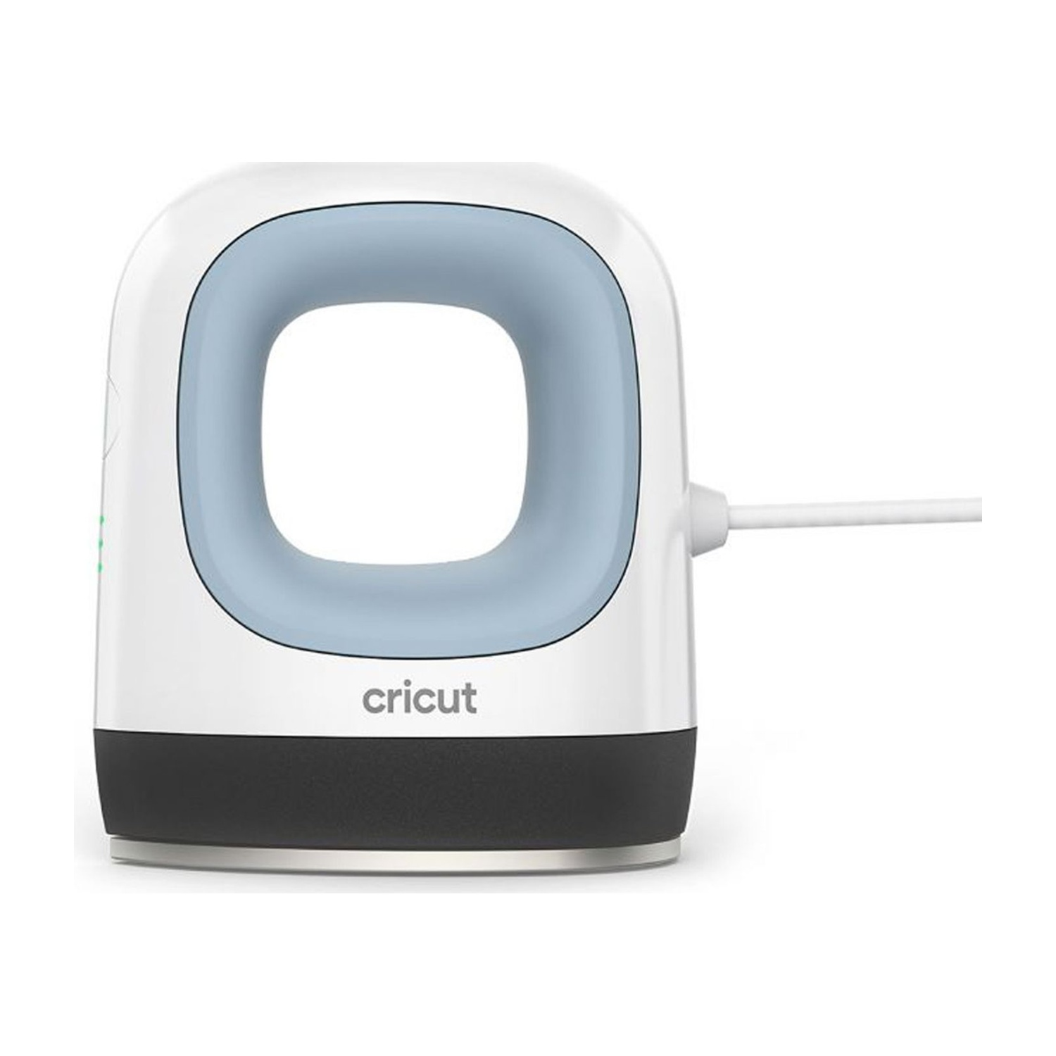 Una pressa di calore Cricut EasyPress Mini bianca e blu con base nera.