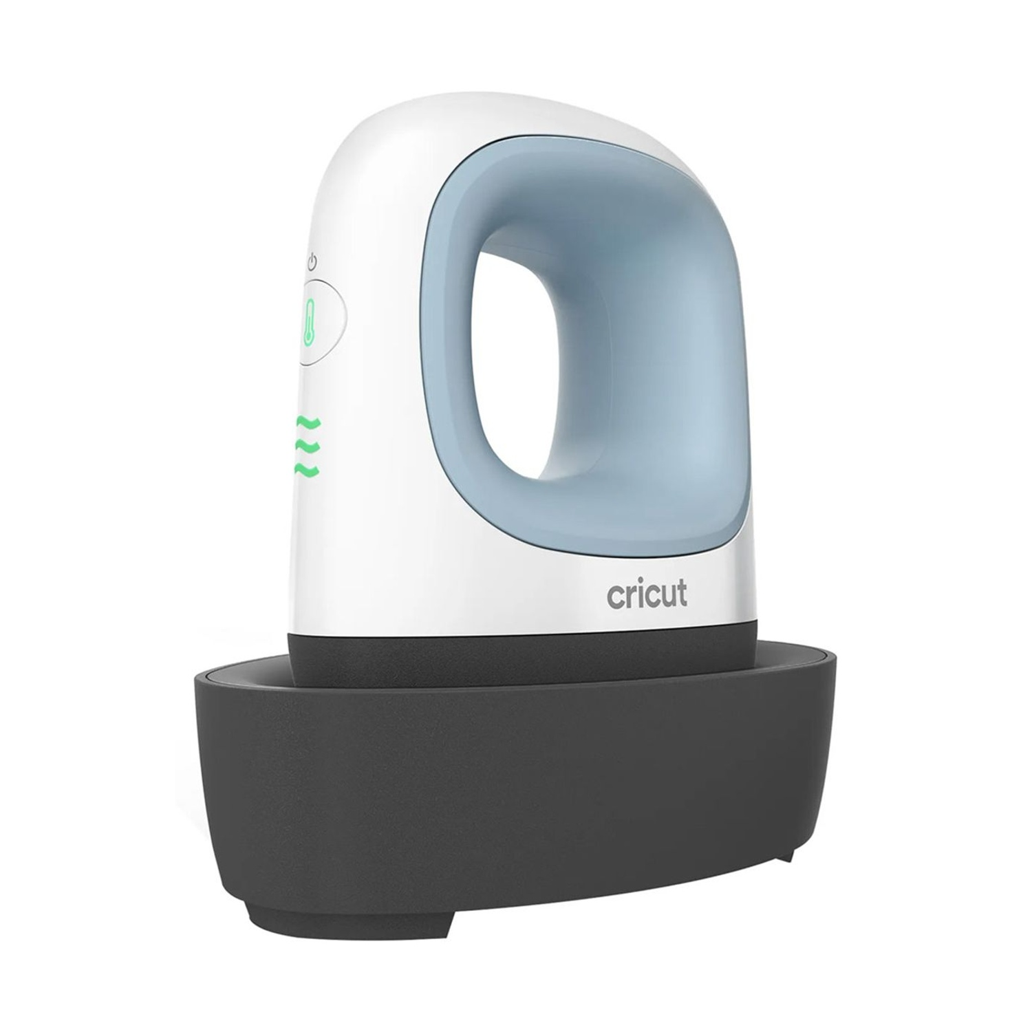 Una pressa a caldo Cricut bianca e blu con base scura su sfondo bianco.