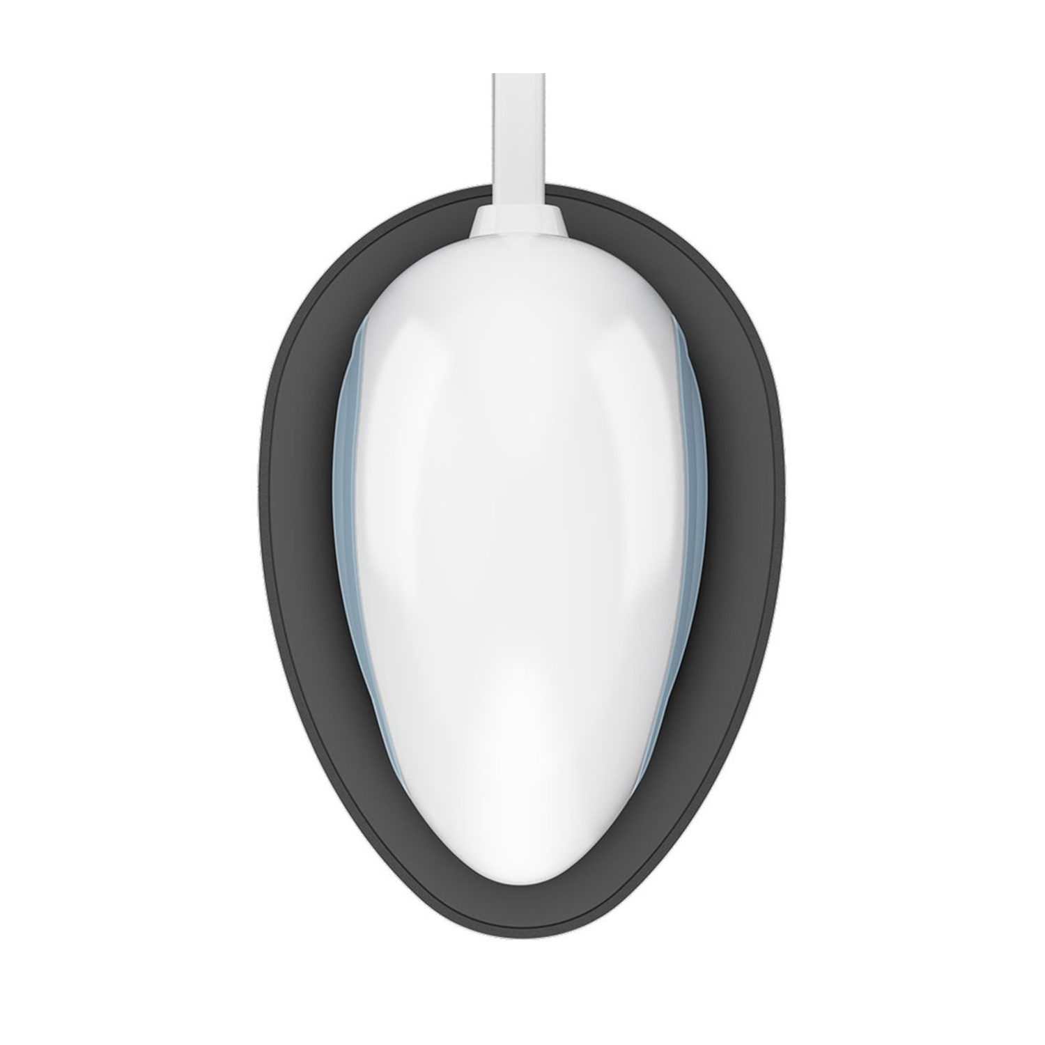 Un oggetto bianco a forma di uovo con lati blu poggia su un ovale nero.