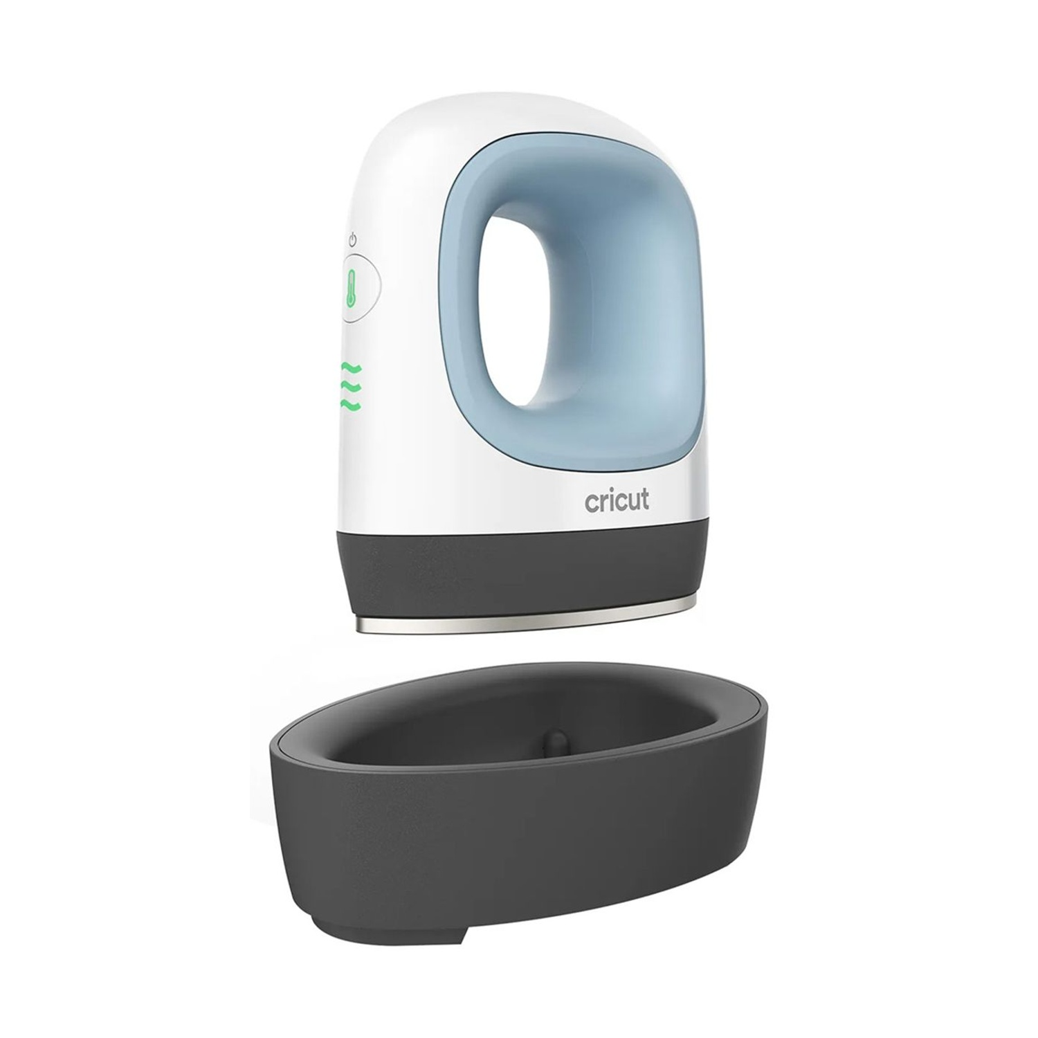 Una pressa a caldo Cricut bianca e blu con base nera si trova sopra una culla grigia.
