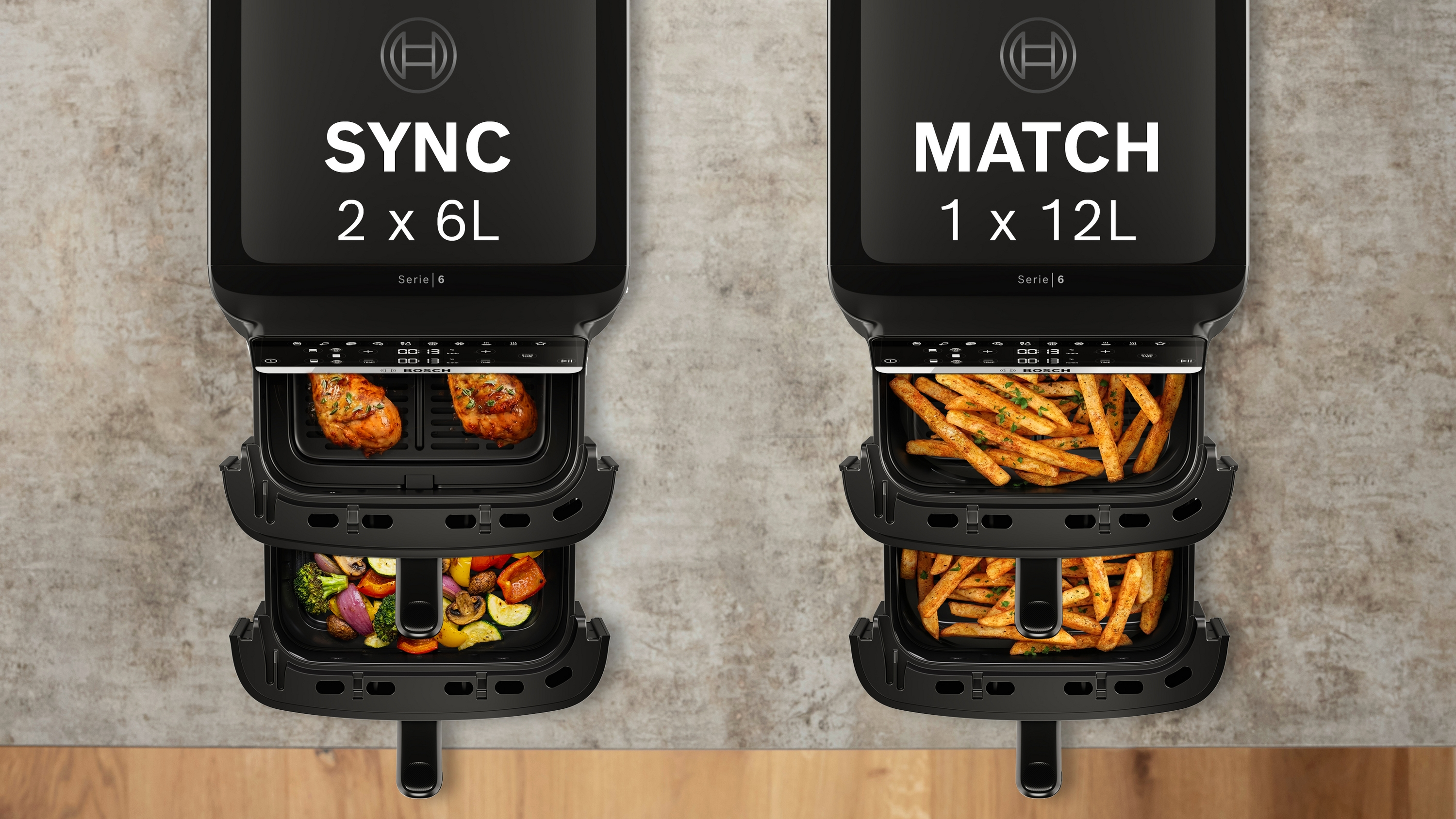 Két Bosch légkeveréses sütő: bal oldalon SYNC 2x6L csirkével és zöldségekkel, jobb oldalon MATCH 1x12L sültkrumplival.