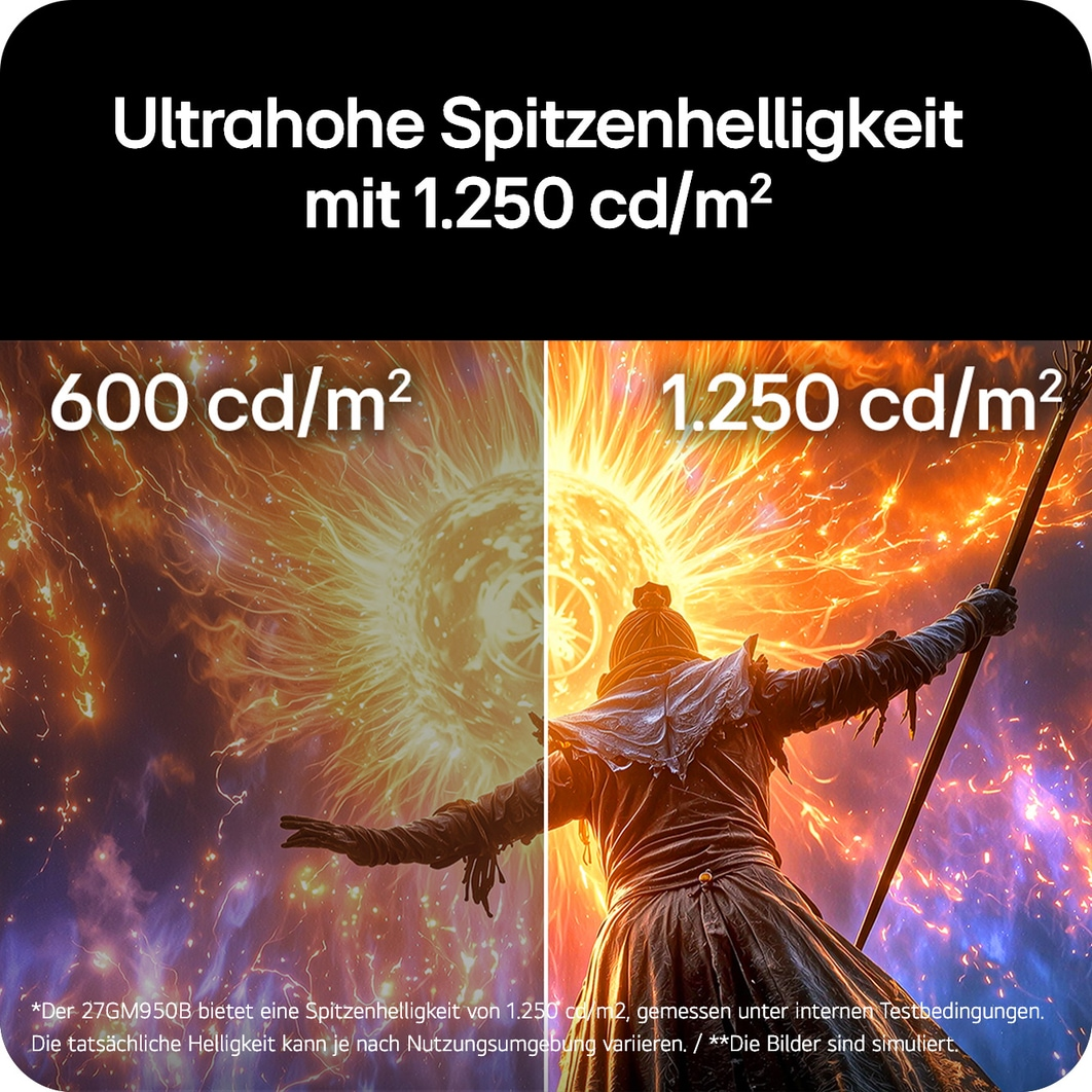 Geteilte Ansicht zeigt 600 cd/m² (links) und 1250 cd/m² (rechts) Helligkeit.