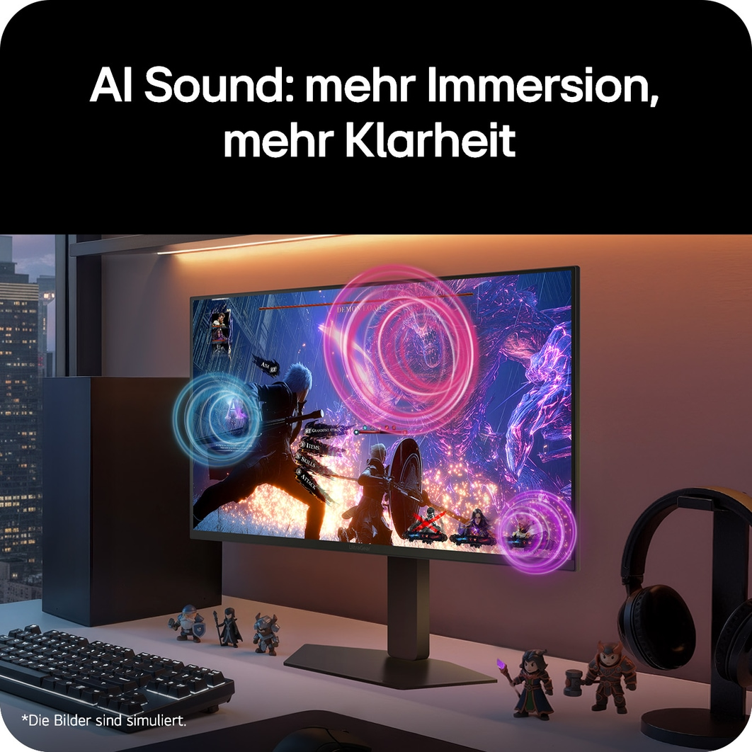 Ein Gaming-Setup mit Monitor, Tastatur, Maus und Figuren. Der Monitor zeigt ein Spiel mit Charakteren und visuellen Effekten.
