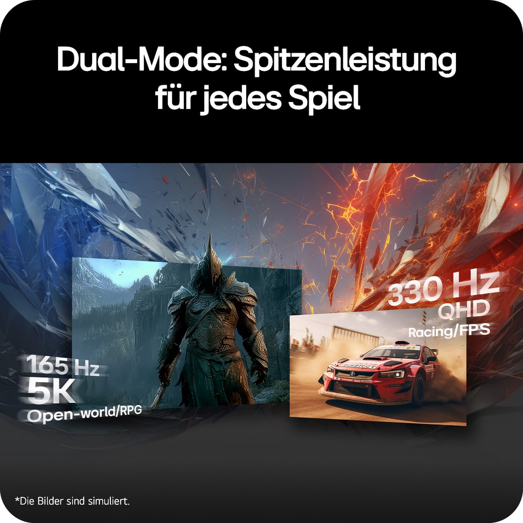 Bildschirm mit zwei Modi: Ritter für Open-World/RPG (165Hz 5K) und Rennwagen für Racing/FPS (330Hz QHD).