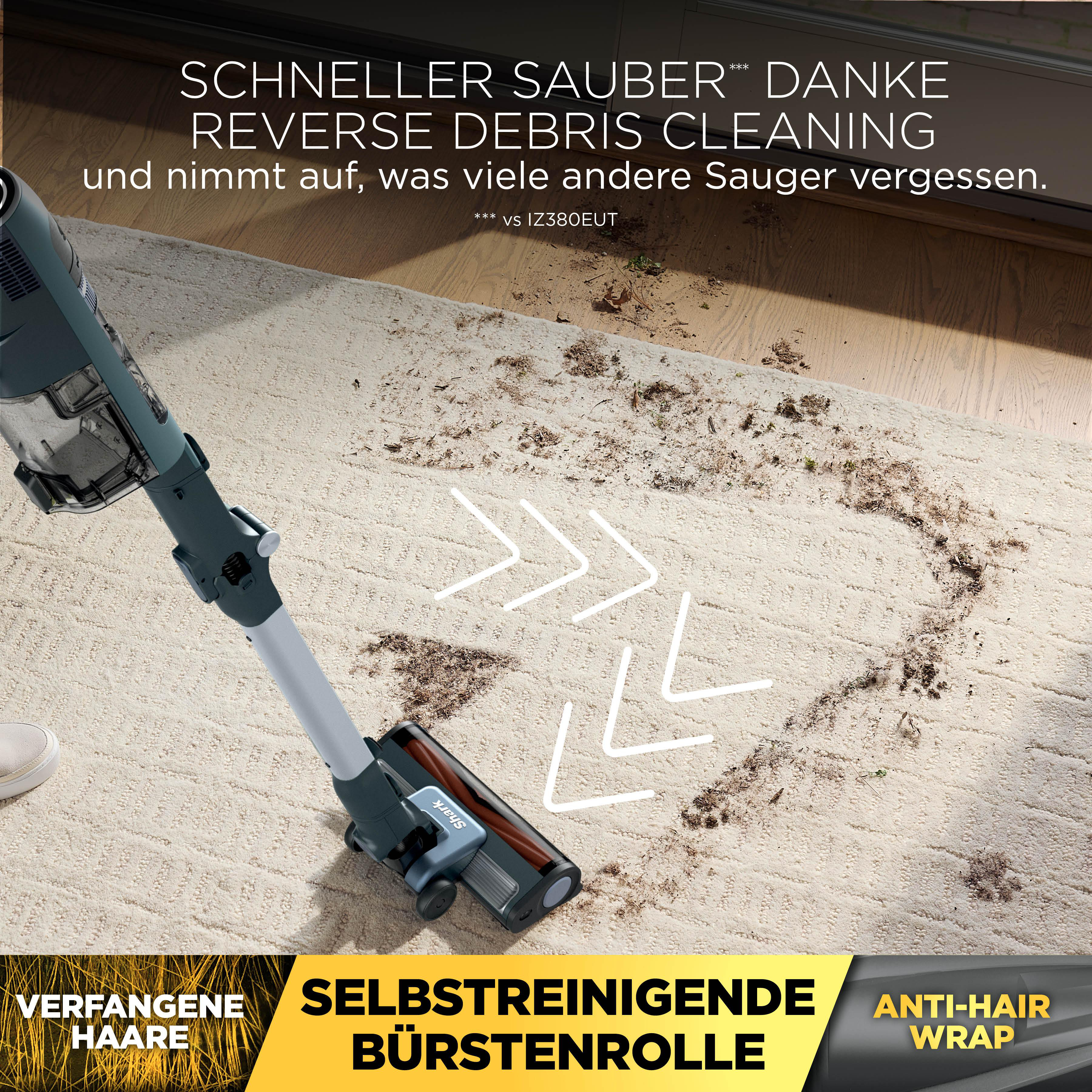 Ein Staubsauger reinigt einen schmutzigen Teppichboden. Text im Bild.