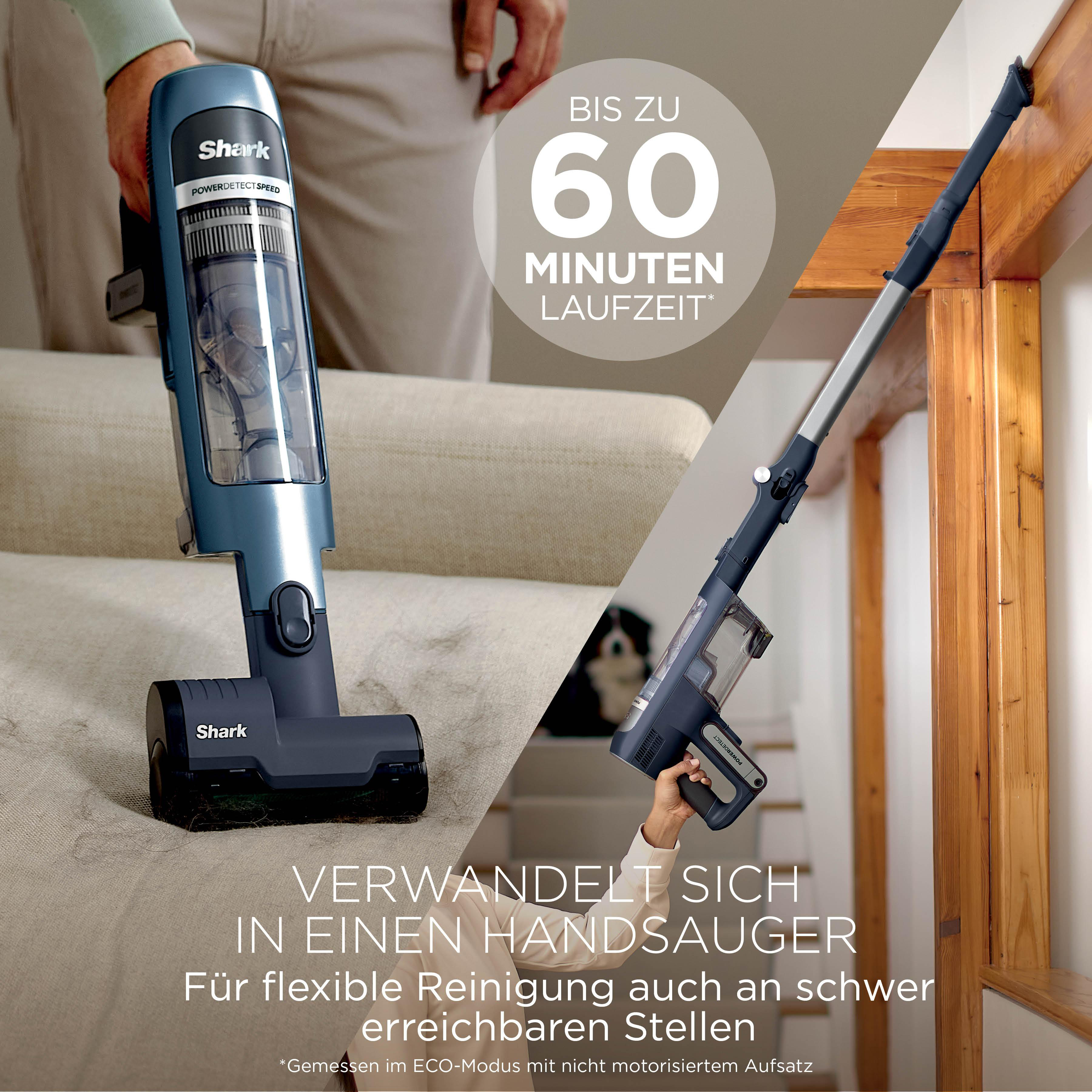 Ein blauer Shark Staubsauger wird gezeigt, einmal auf einem Sofa und einmal beim Reinigen von Holztreppen.