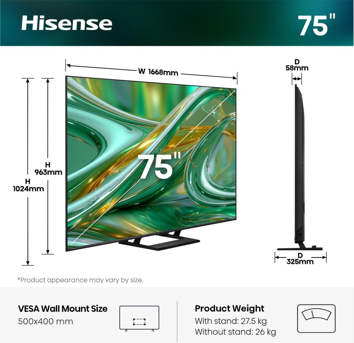 Telewizor Hisense 75 cali z wymiarami i rozmiarem VESA.