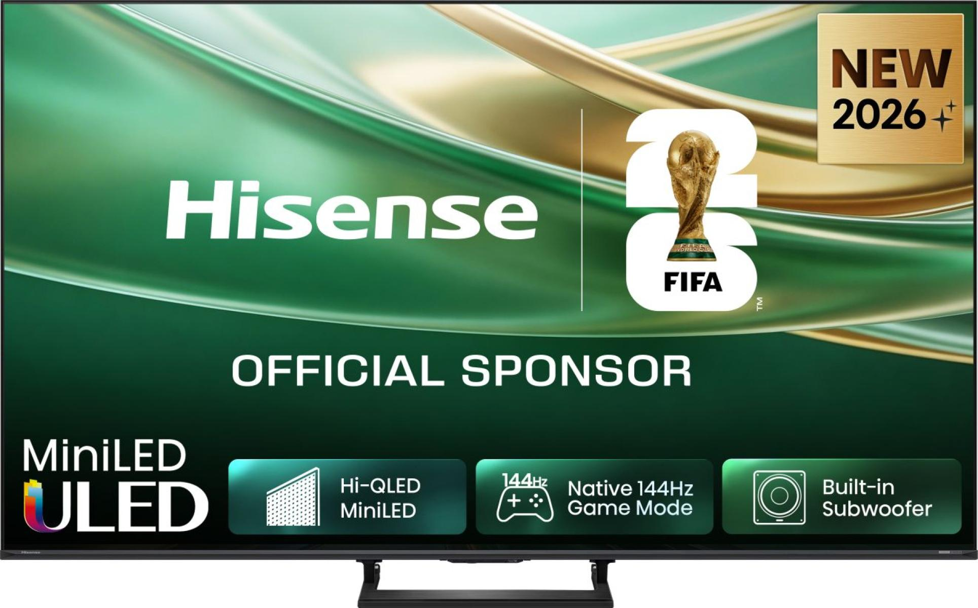 Telewizor Hisense ULED z logo FIFA, "Oficjalny Sponsor" i "Nowy 2026".