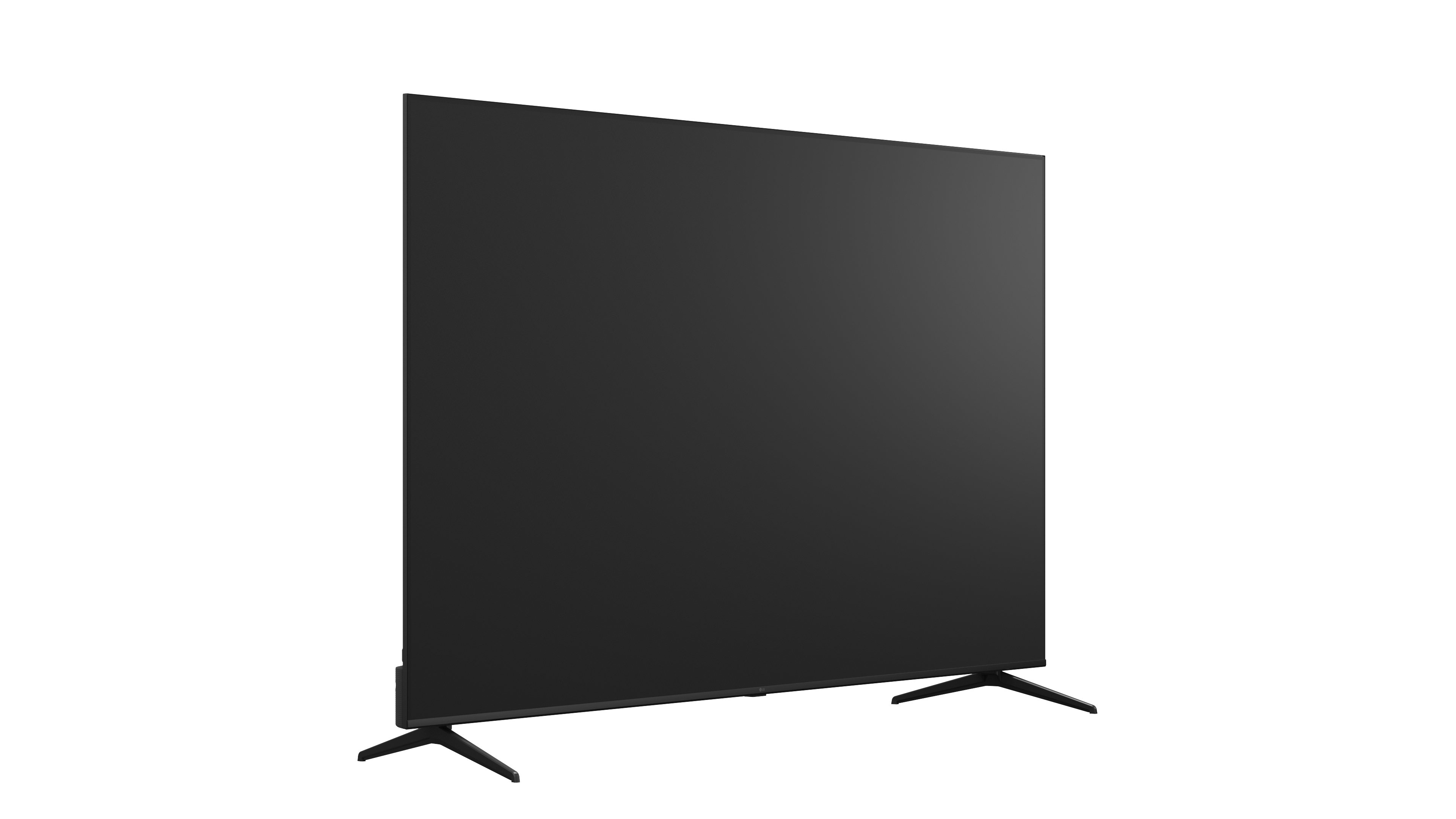 Ein schwarzer Fernseher mit einem breiten Bildschirm und zwei Ständern.