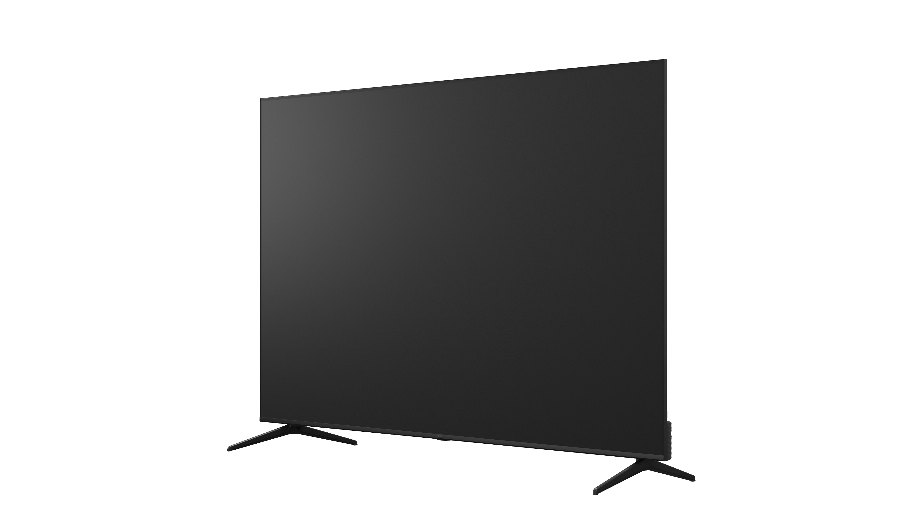 Ein moderner, schwarzer Fernseher mit schmalem Rahmen und zwei Beinen.