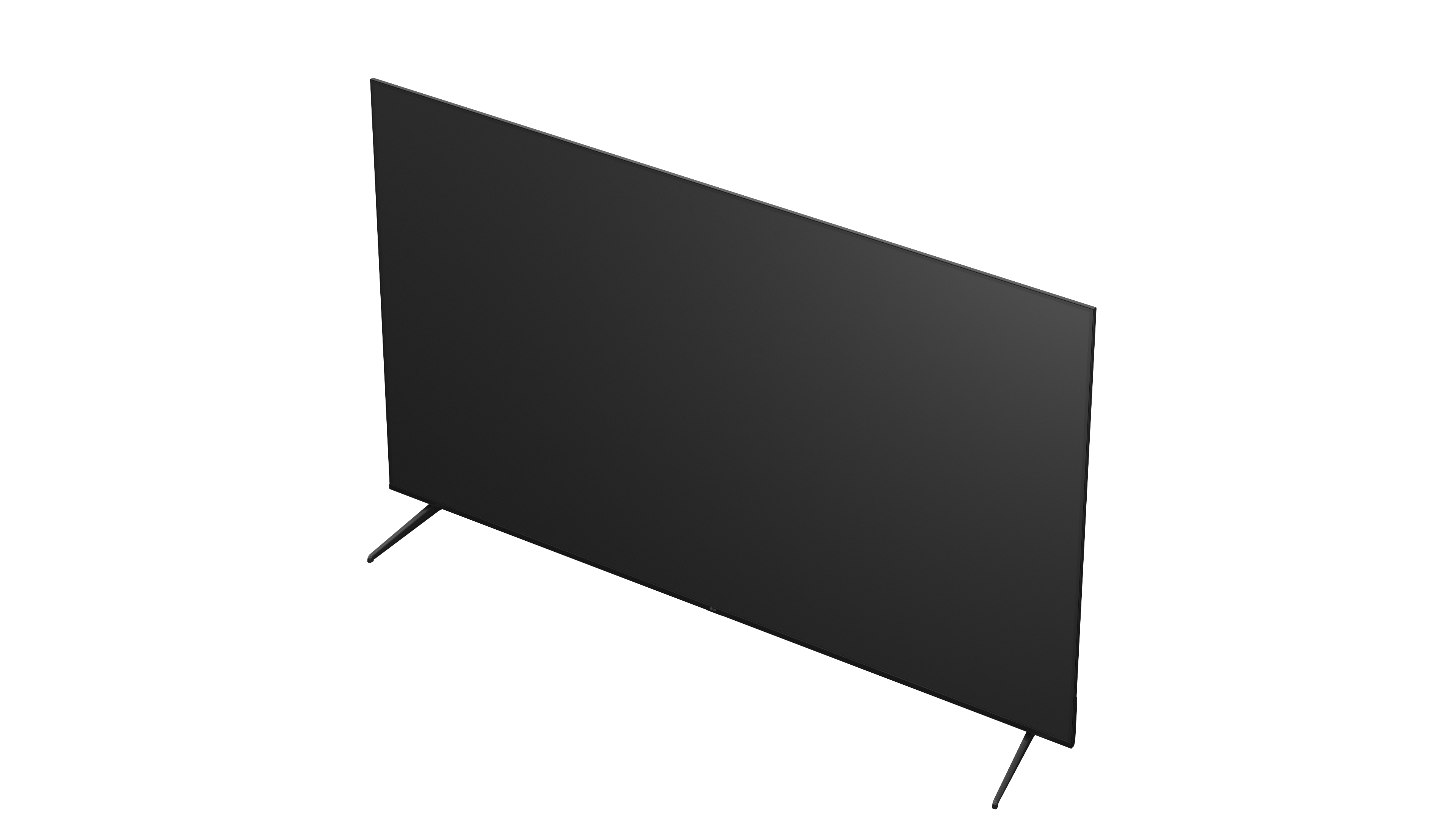 Ein schwarzer Fernseher mit schmalem Rahmen und zwei dünnen Standfüßen.