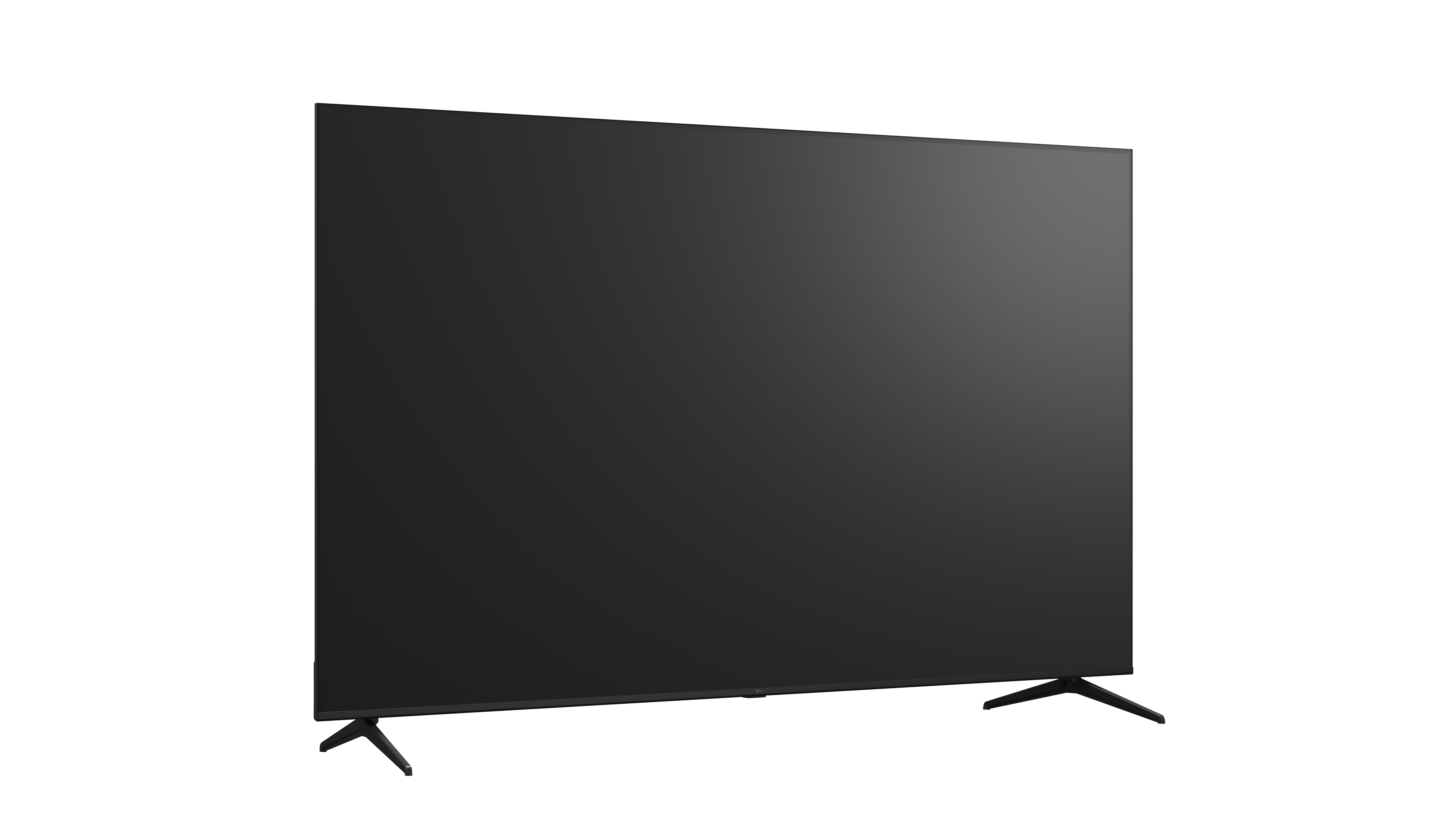 Ein schwarzer Fernseher mit schmalem Rahmen und zwei Standfüßen.