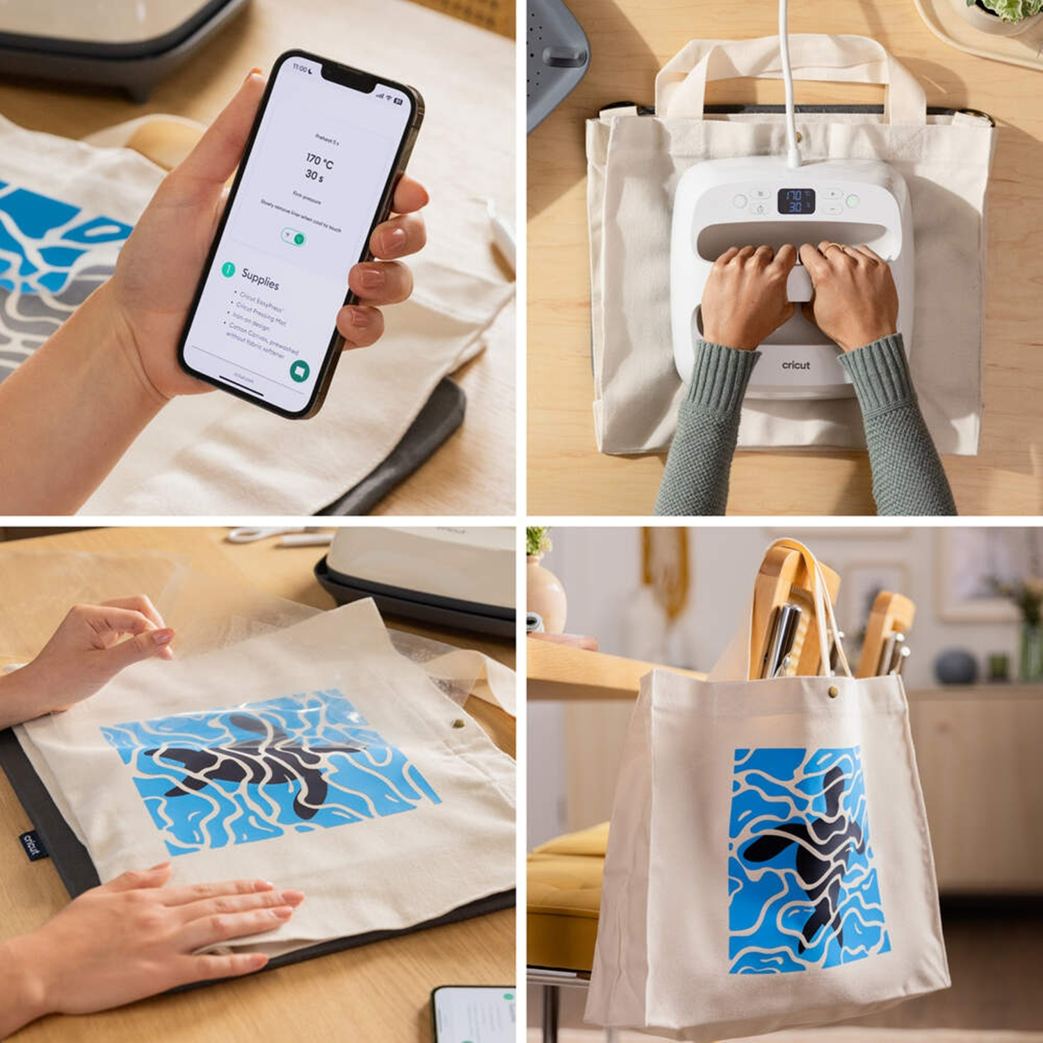 Quattro immagini mostrano la creazione di una borsa con disegno di balena.