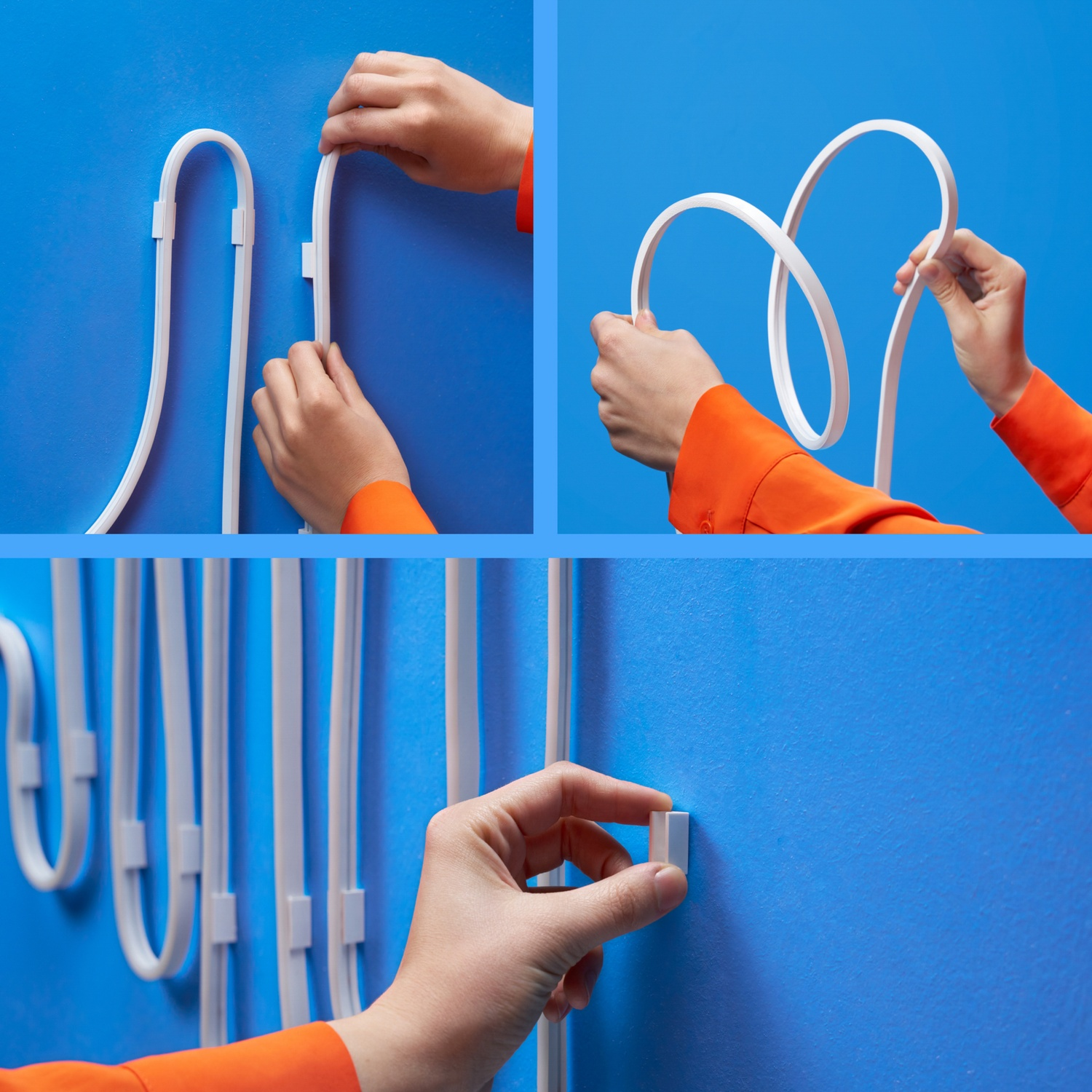 Mains fixent des câbles blancs avec des clips sur un mur bleu, en trois étapes.