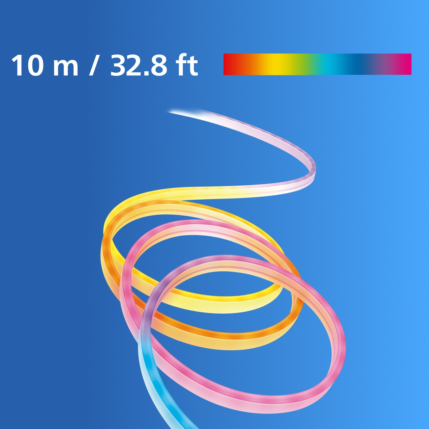 Ruban de 10 m / 32.8 pi aux couleurs arc-en-ciel sur fond bleu.
