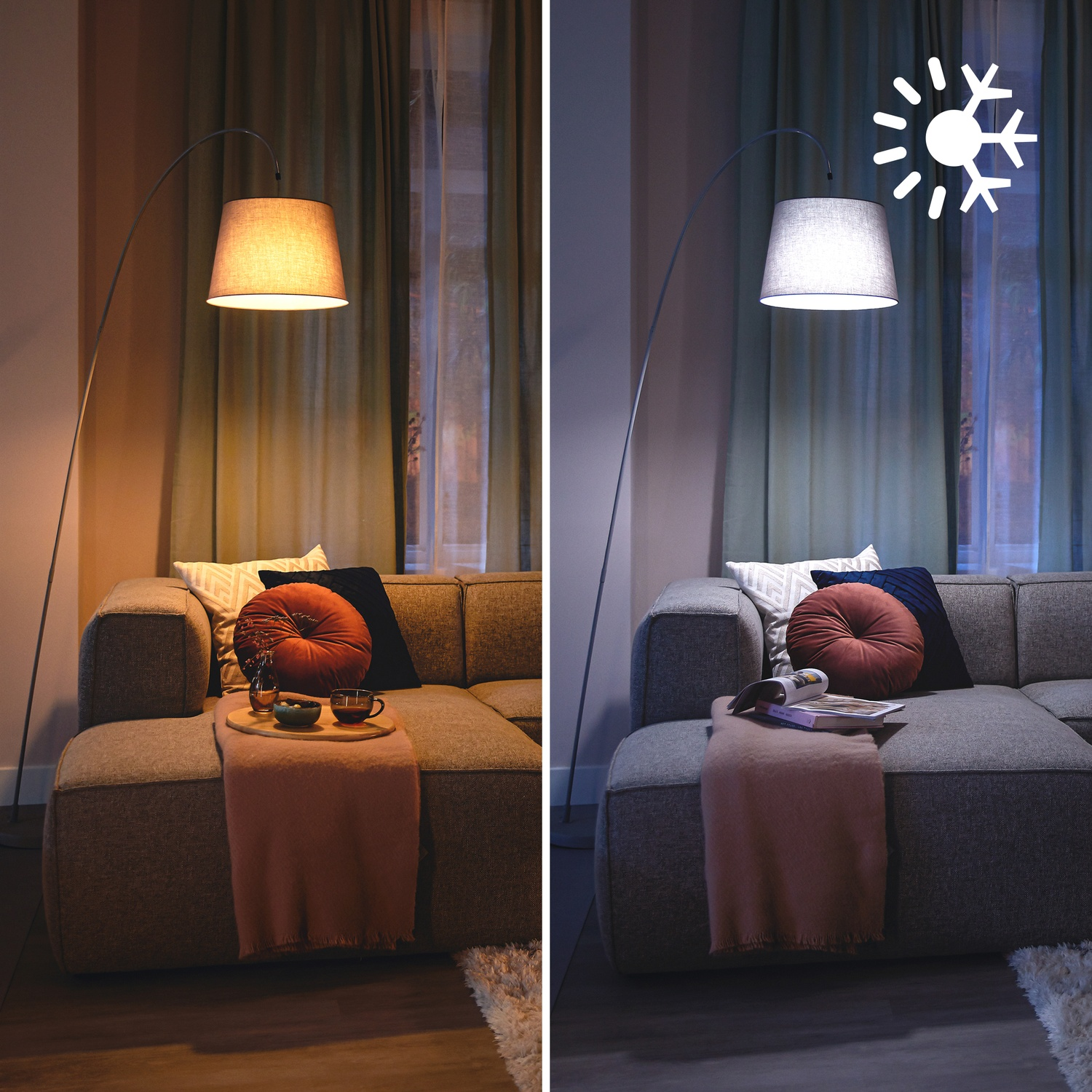 Un lampadaire avec lumière chaude et froide à côté d'un canapé avec coussins et plaid.